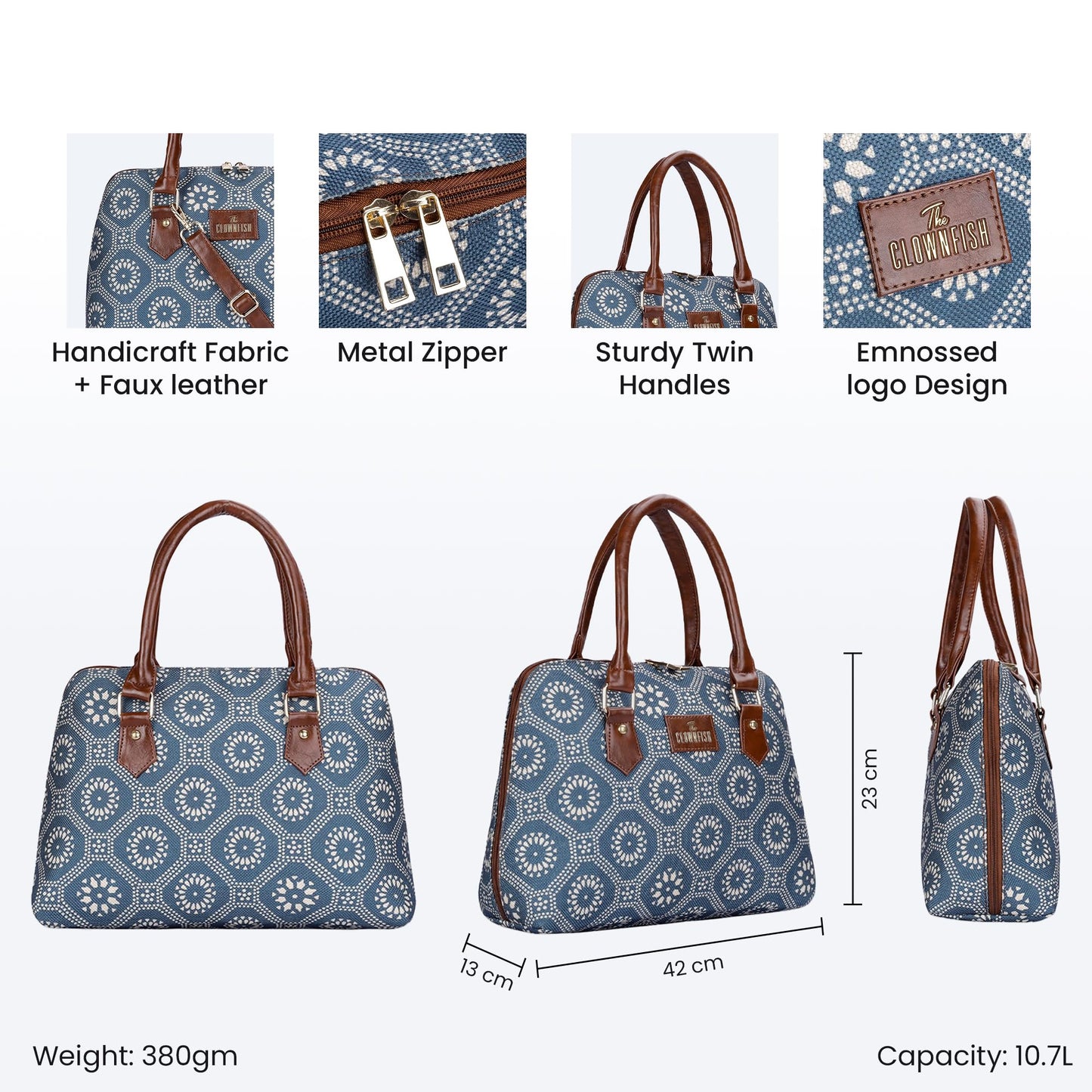 THE CLOWNFISH Montana Series Printed Handicraft Fabric & Faux leather Handbag for Women Office Bag Ladies Purse Shoulder Bag Tote For Women College Girls (Cerulean Blue)