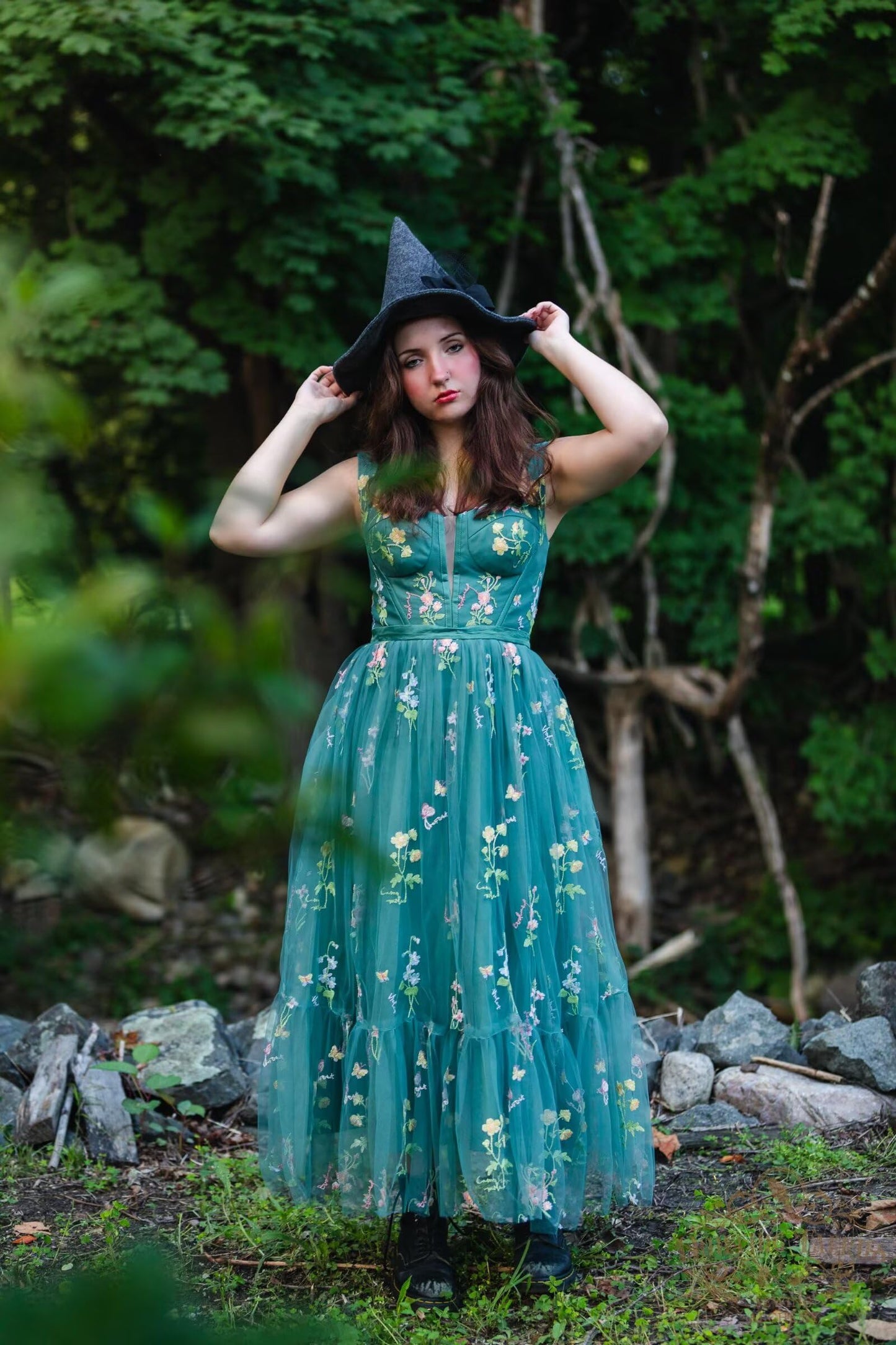 Fivsole Women's Midi Floral Prom Dresses Flower Embroidered Short Formal Tulle Evening Party Gown, Green-c, 6