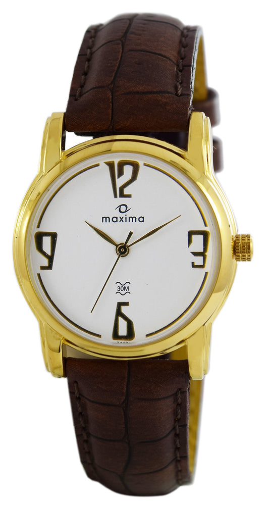 Maxima Leather Formal Gold Analog White Dial Women Watch-24491Lmly, Brown Band