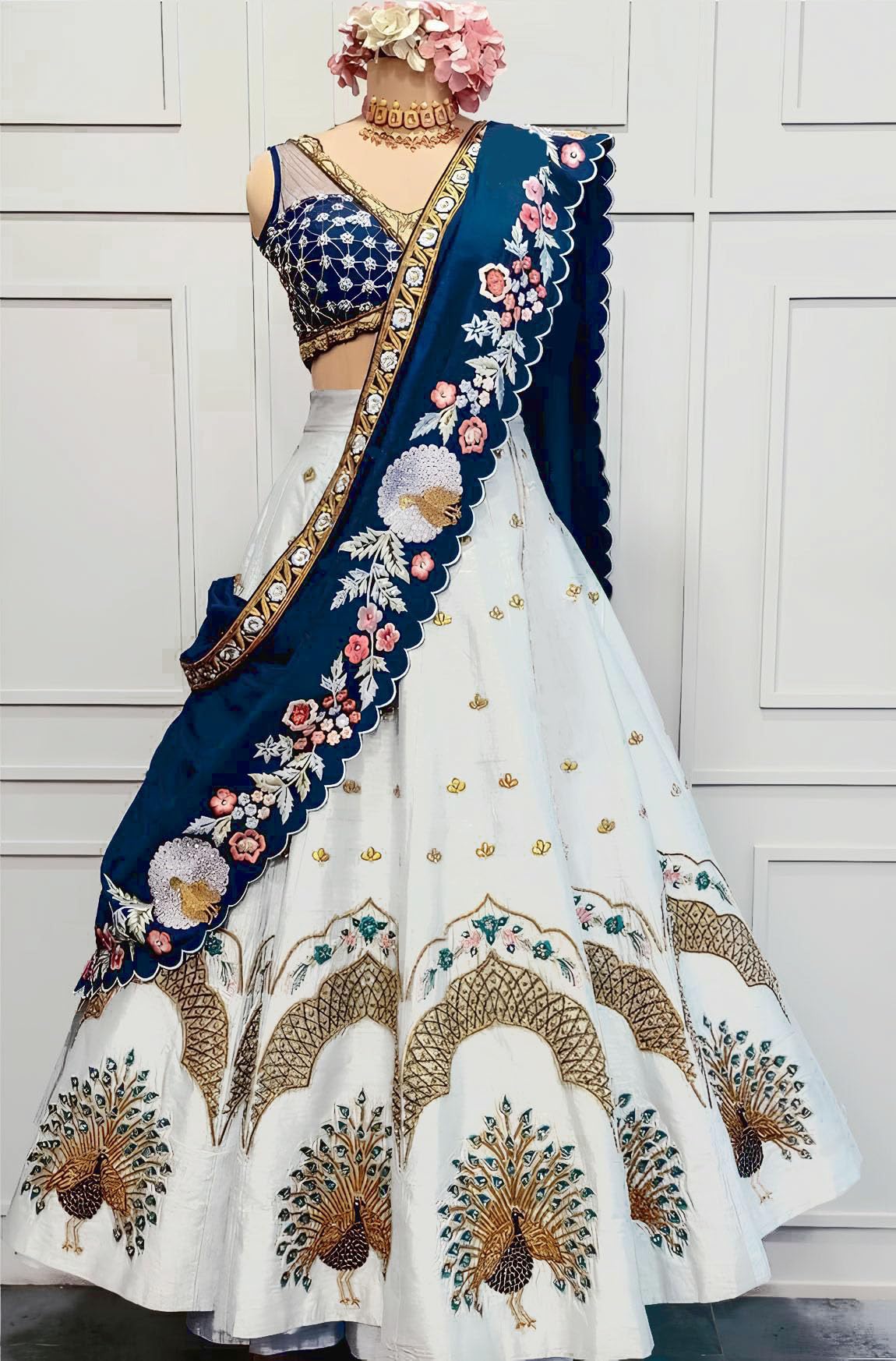SHYAMLATA Women's White Embroidered Satin Silk Semi-Stitched Lehenga Choli For Women I Designer I New I Bridal I Bollywood I Letest I Stylish I Lehenga For Women