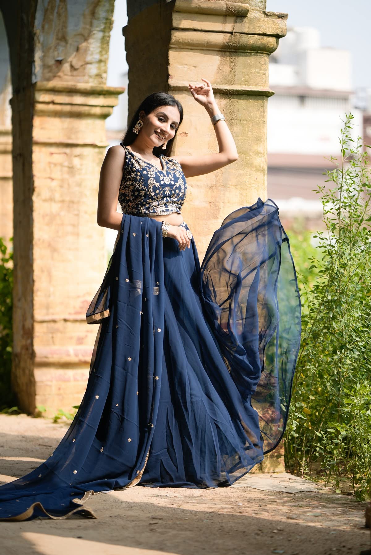 LooknBook Art Women's wear Navy blue Georgette Sequins and Thread Embroidery Work lehenga choli