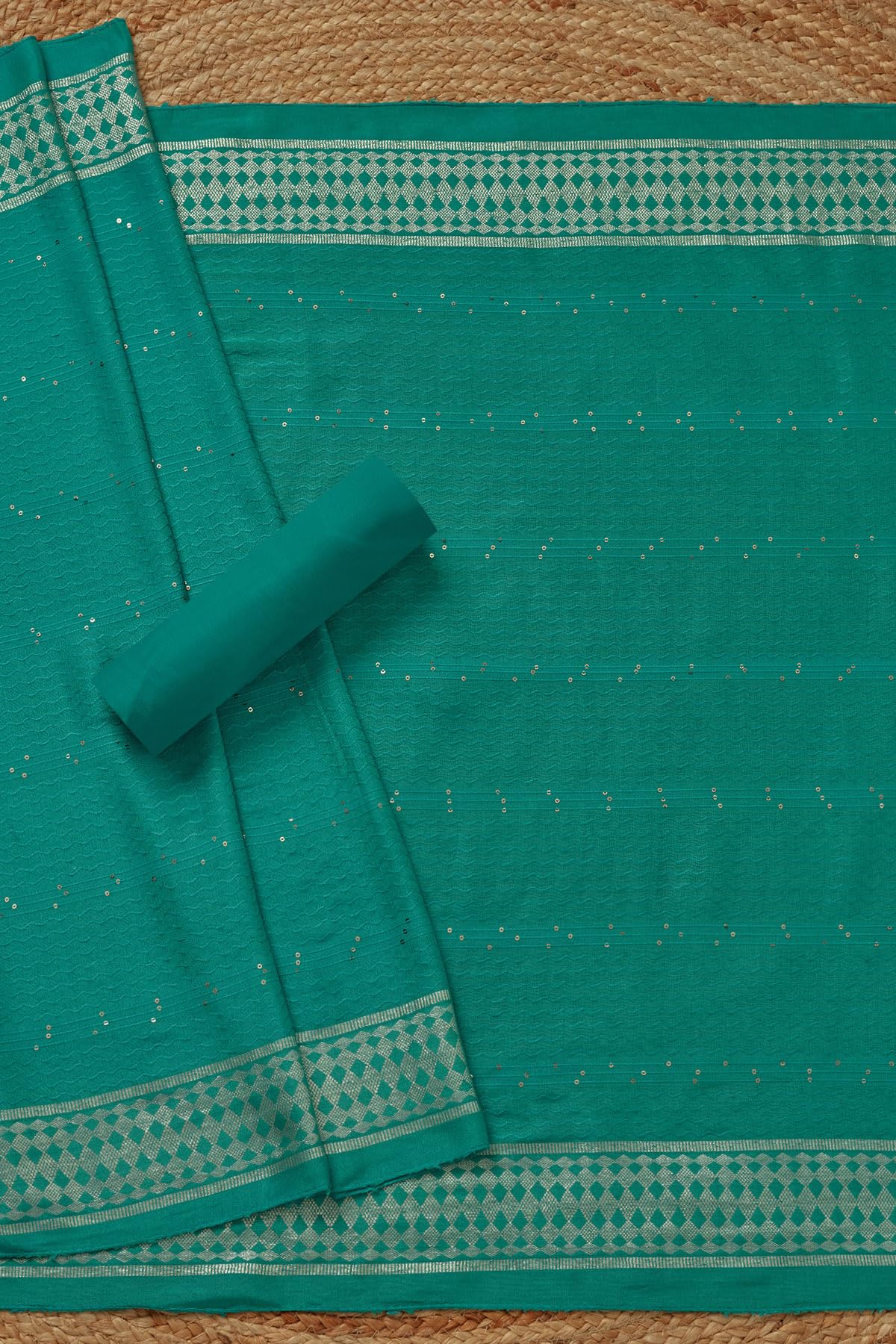 Soch Womens Teal Green Chanderi Botanical Print Unstitch Dress Material With Sequins