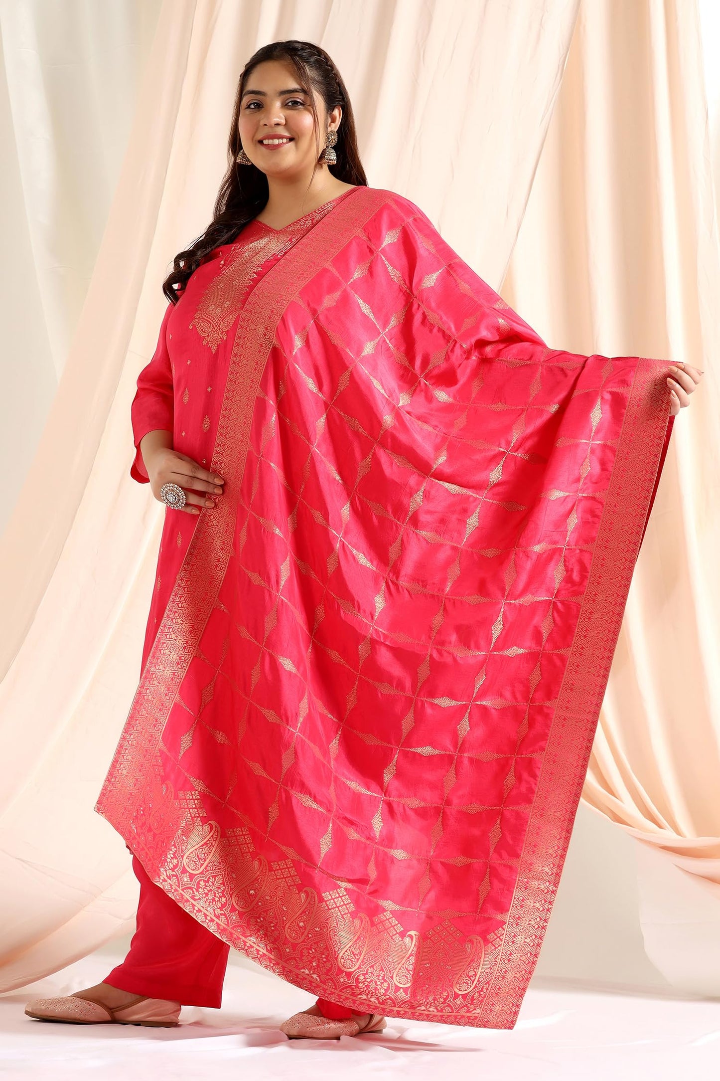 Jwalin Women's Plus Size Dola Silk Suit Set With Dupatta (JWWSET00077 RNI XL_Rani_XL)