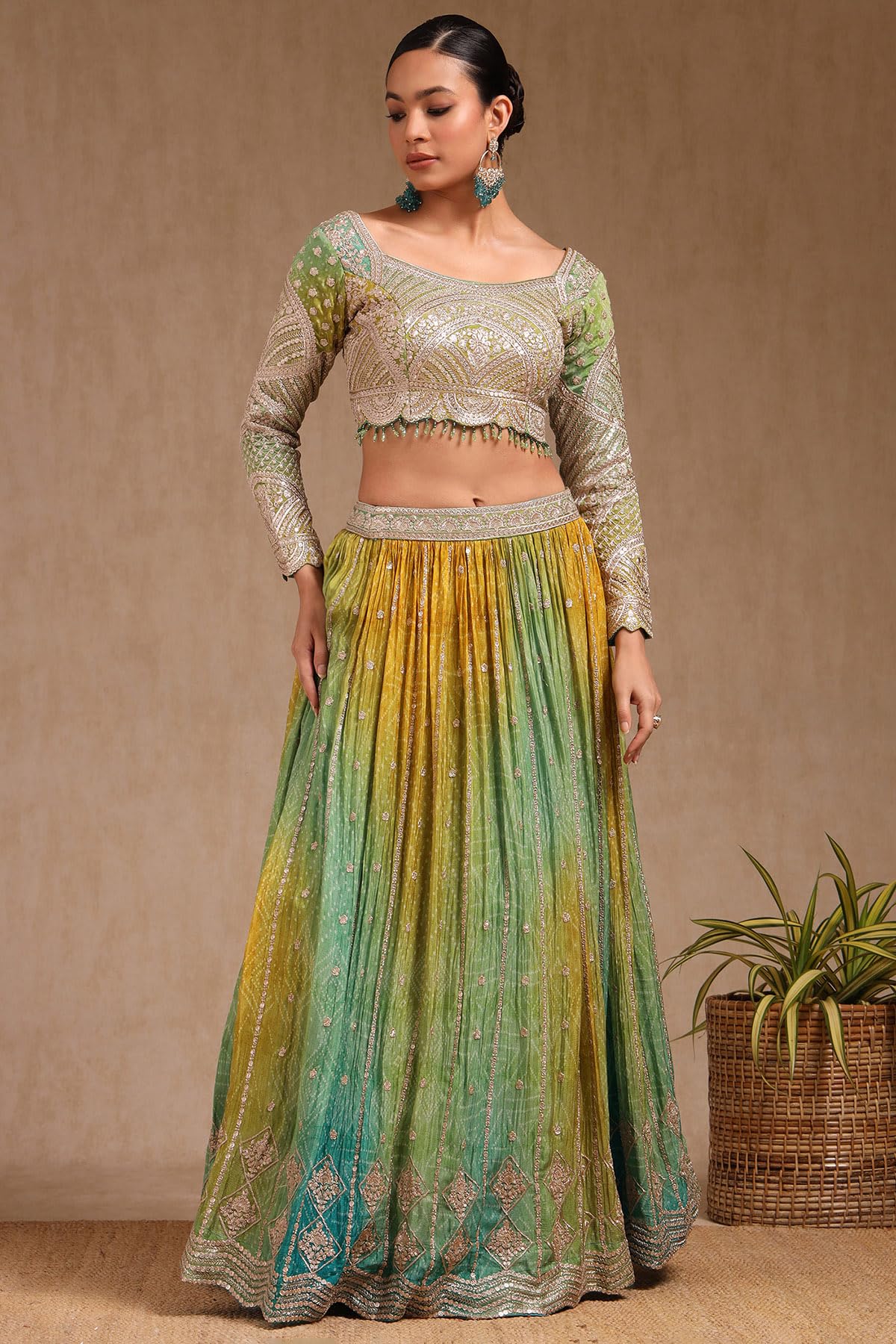 Soch Womens Green Viscose Bandhani Print Lehenga Choli With Zari