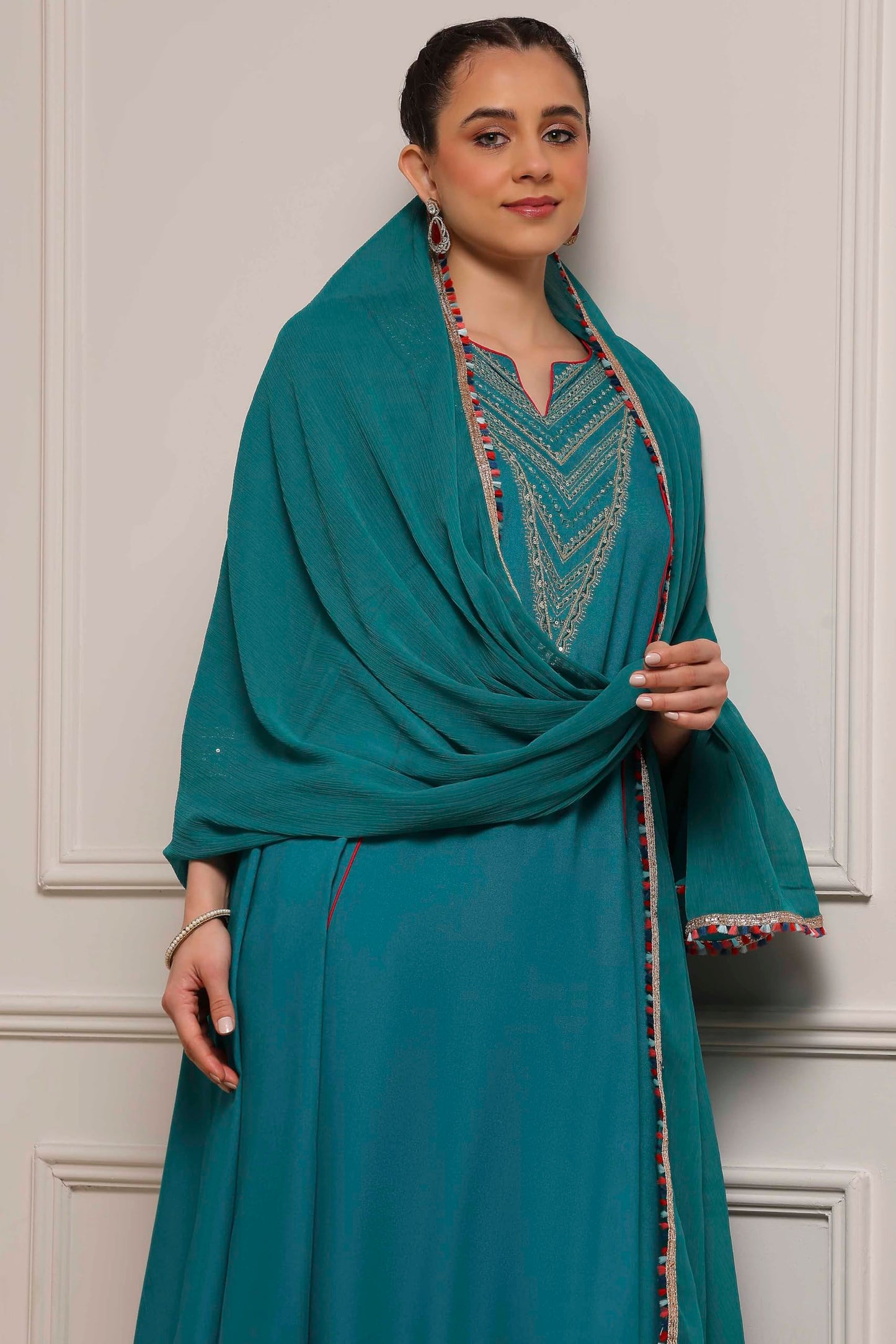 Biba Women Teal Green Viscose Rayon Straight Solid Suit Set_46