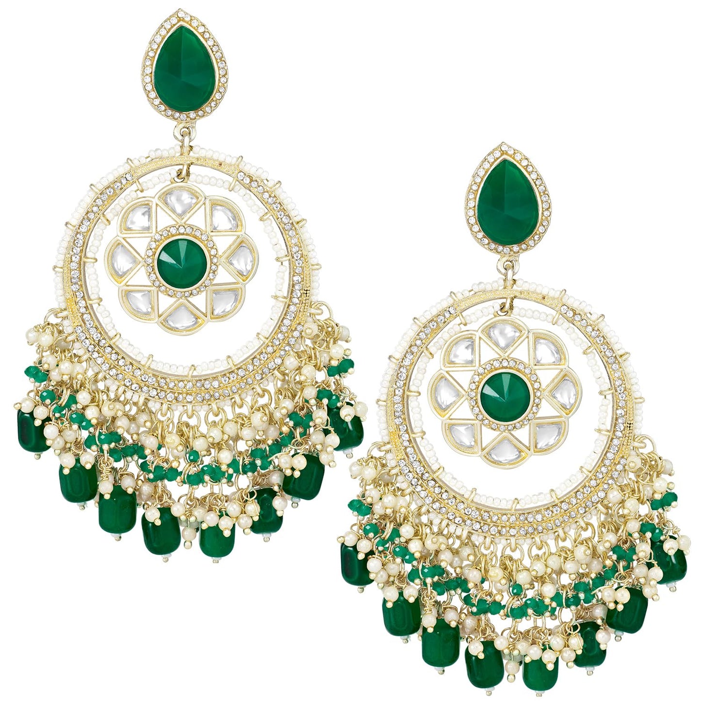 Peora Gold Plated Green Kundan & Beads Studded Ethnic Dangle Chandbali Earring Traditional Stylish Fancy Jewellery Gift for Girls & Women