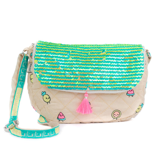 MASQ Little Girls Party Sling Bag, sequin-embellished, embroidered, sparkling with soft crossbody strap, cute and stylish for casual or gifting, Blue, Pink, Green, Multicolour