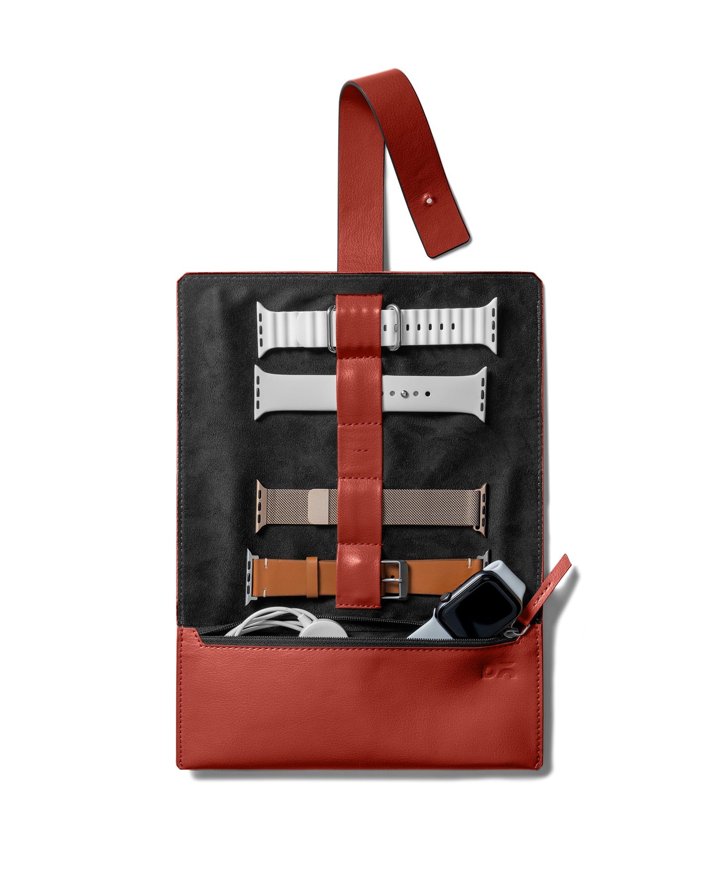 DailyObjects Row Portable Smart Watchband Organiser Case | Compatible with Apple Watchbands | Holds Upto 4 Band/Straps | Vegan Leather | Zipper Compartment with Charger Pocket - Red
