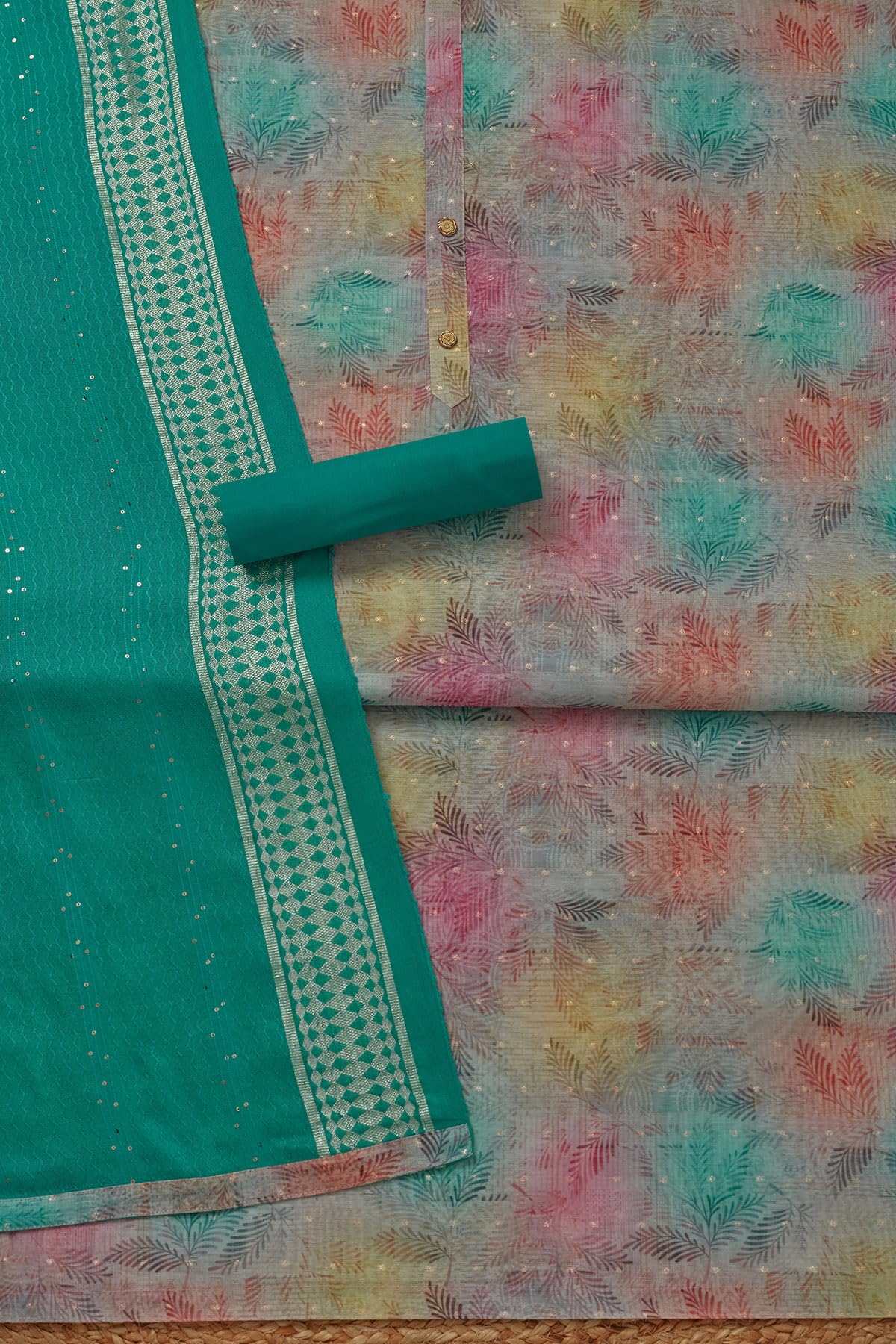 Soch Womens Teal Green Chanderi Botanical Print Unstitch Dress Material With Sequins