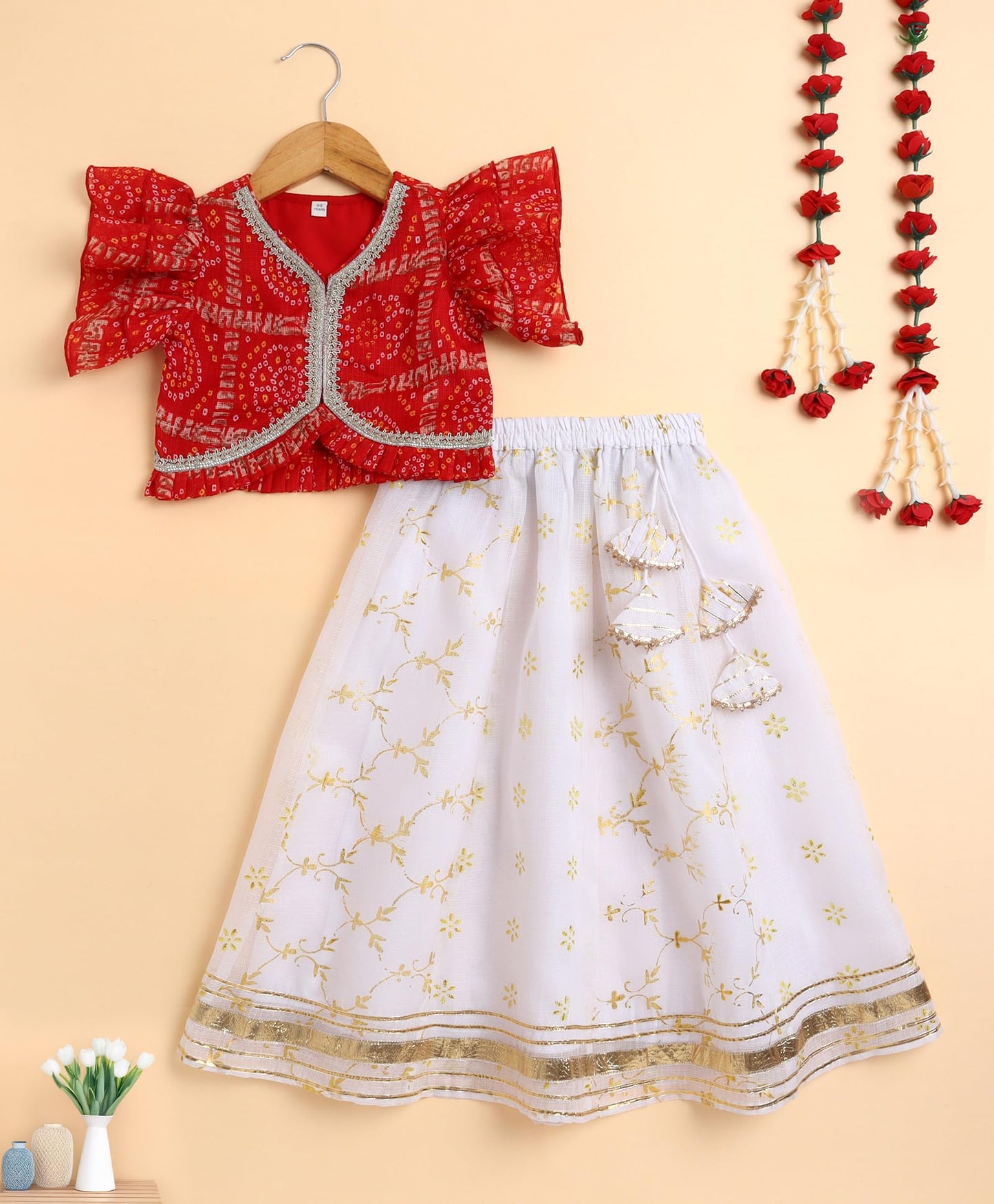 The Magic Wand Kota Doriya Ruffle Sleeves Lehenga Choli for Kids Baby Girls Bandhani Print Embellished Traditional Ethnic Lehenga Blouse for Festivals, Red, 2-3 Year