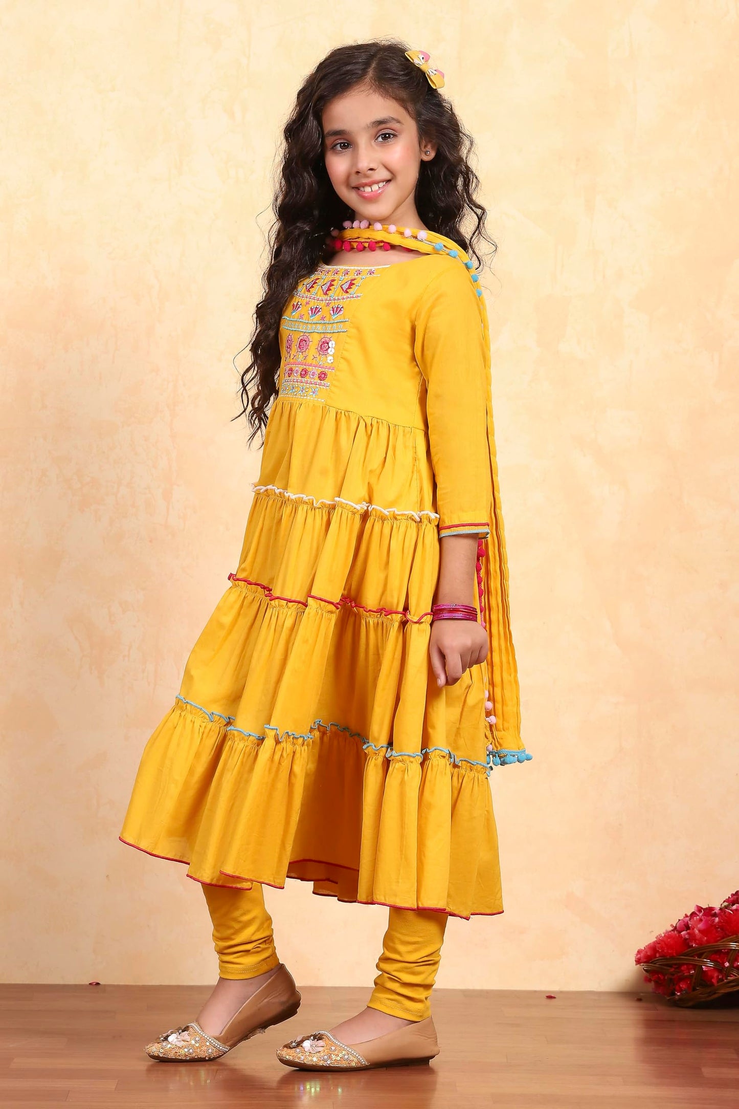 Biba Girl's Yellow Cotton Tiered Solid Suit Set