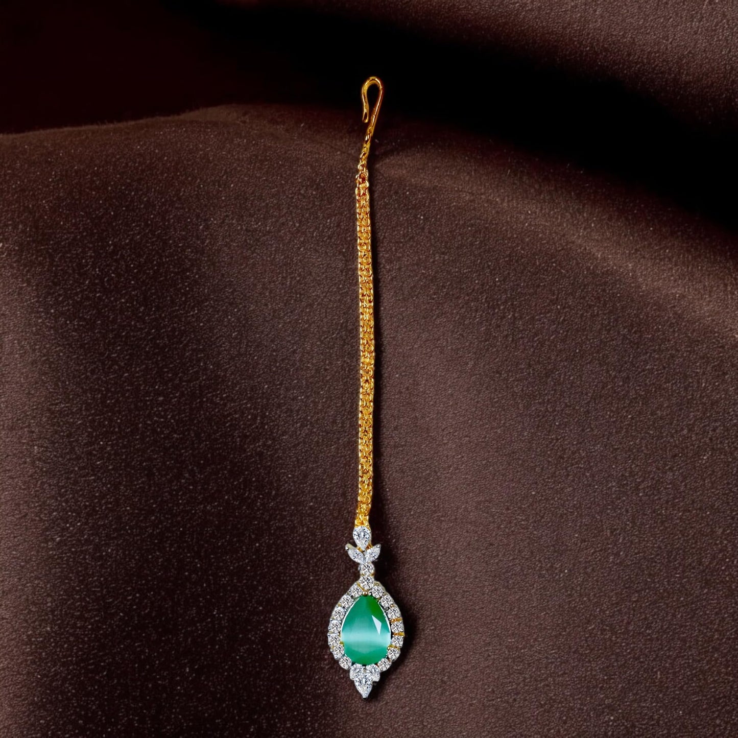 Traditional Indian Maang Tikka, Gold-Plated Chain American Diamond CZ Stones For Girls and Women (Mint Diamond)