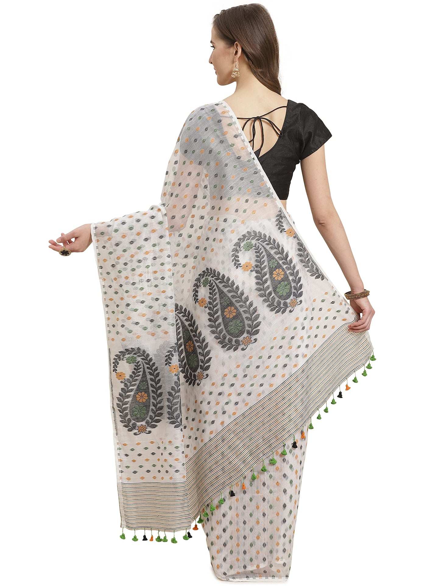 Aditri Women's Handloom Jamdani on Khadi Cotton Saree with Running Blouse (Multicolored)