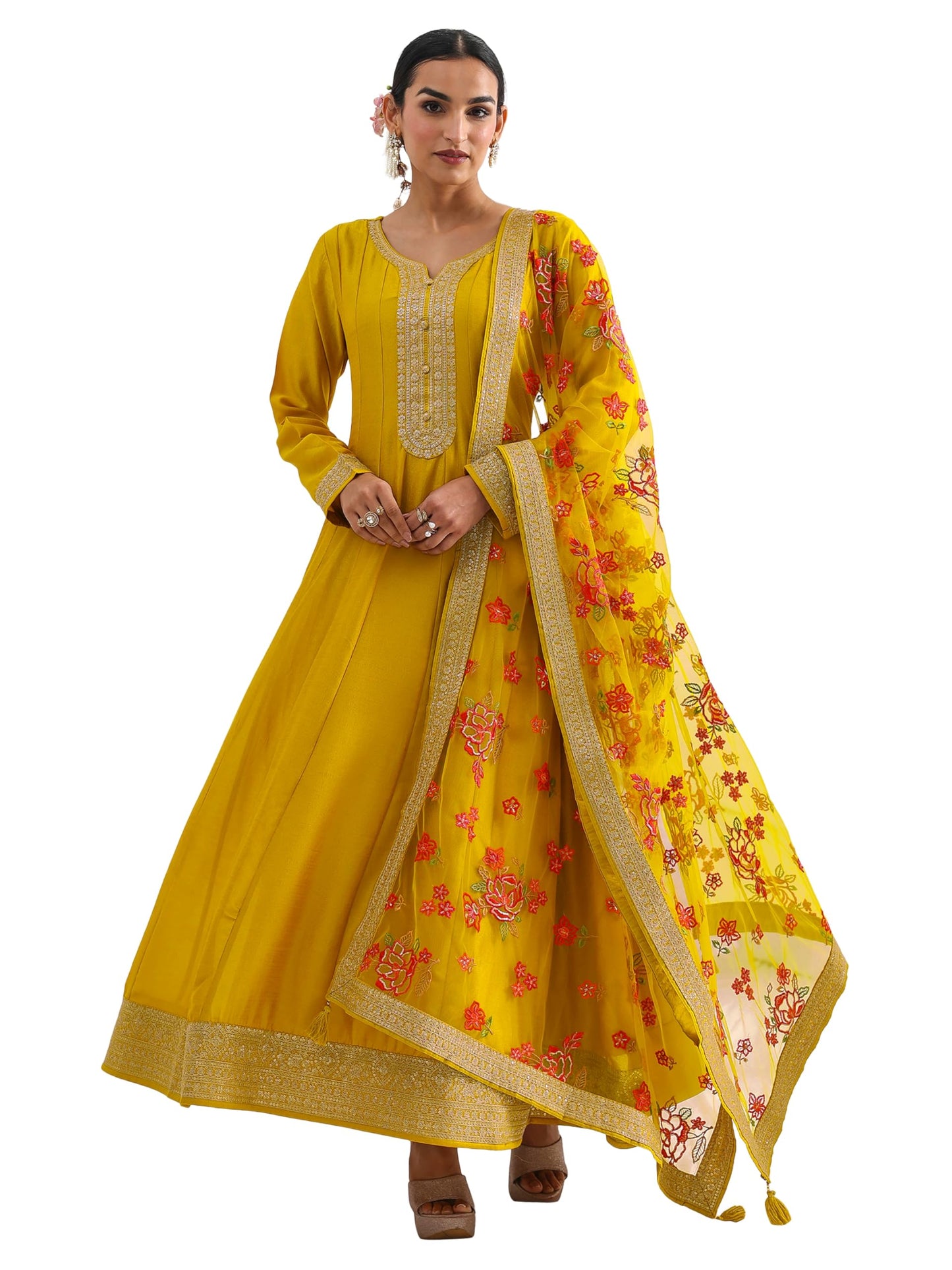 Libas Embroidered Silk Blend A-Line Ethnic Dress with Dupatta-93611M