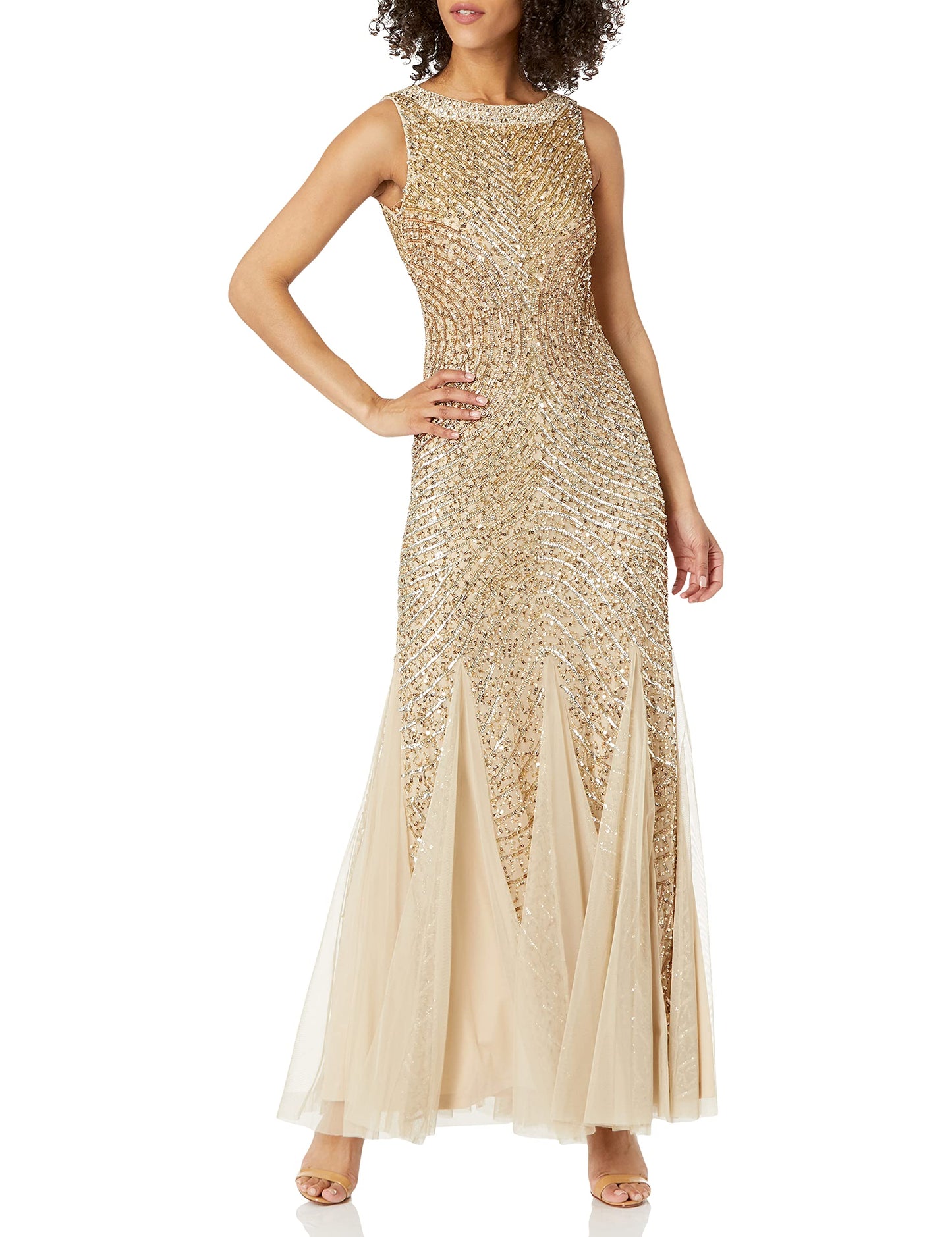 Aidan Mattox Aidan Women's Beaded Gown with Godets, Light Gold, 12