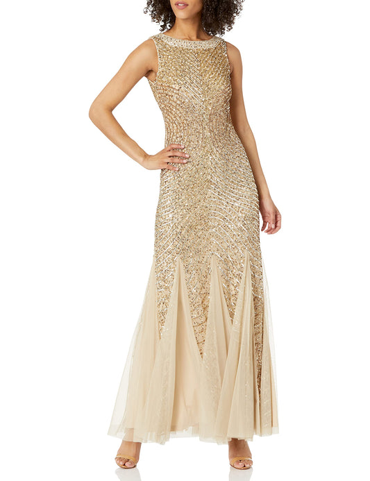 Aidan Mattox Aidan Women's Beaded Gown with Godets, Light Gold, 12