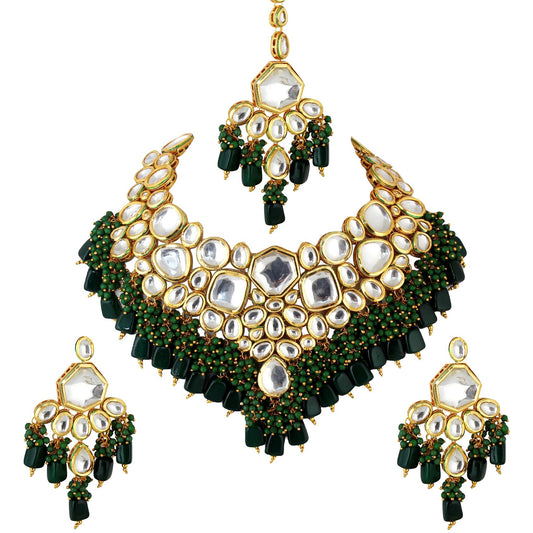 Lucky Jewellery Womens Back Meenakari 18k Gold Plated Green Color Tika Earring Combo Uncut Big Faux Kundan Choker Necklace Set (5910-M4SK-1574-G)