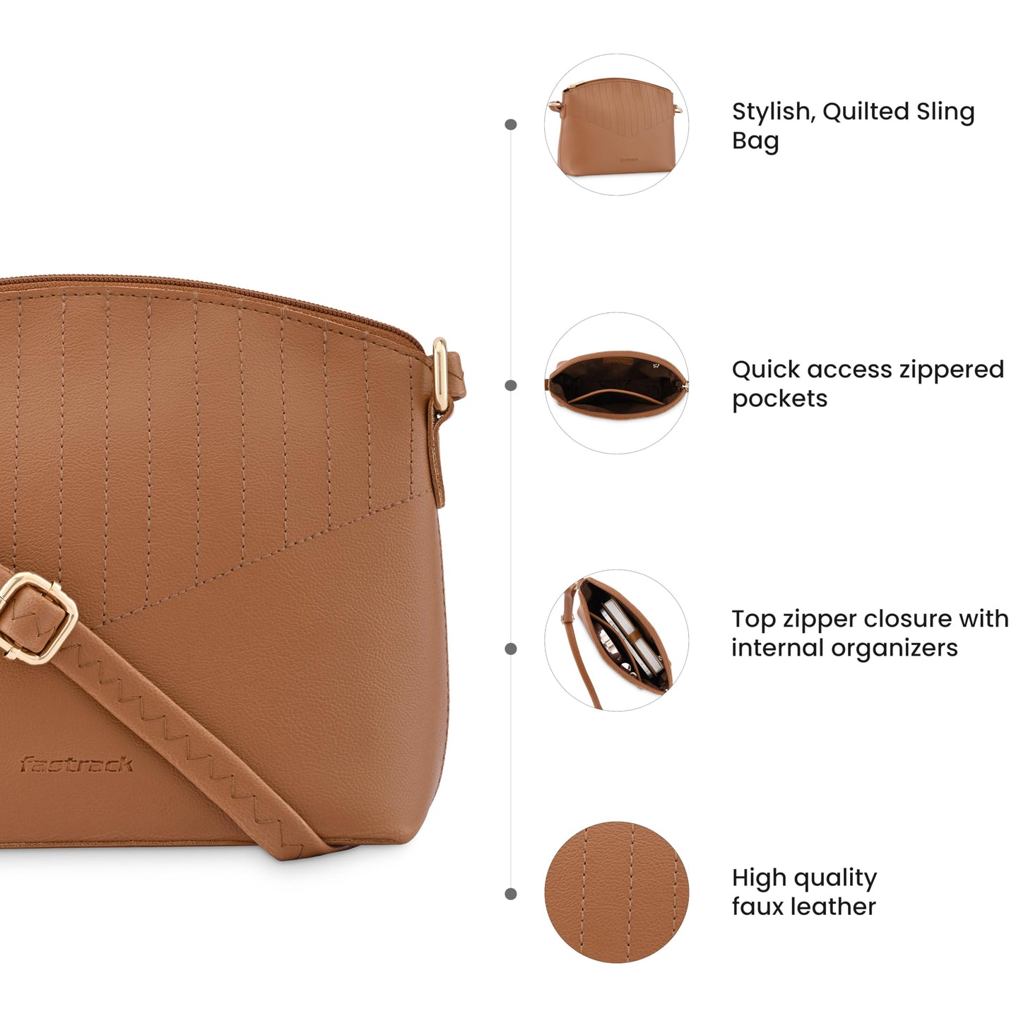Fastrack Solid Sling Bag for Women, Girls and Ladies | Ladies Purse Handbag | with Adjustable Sling Straps and Zipper Closure Tan