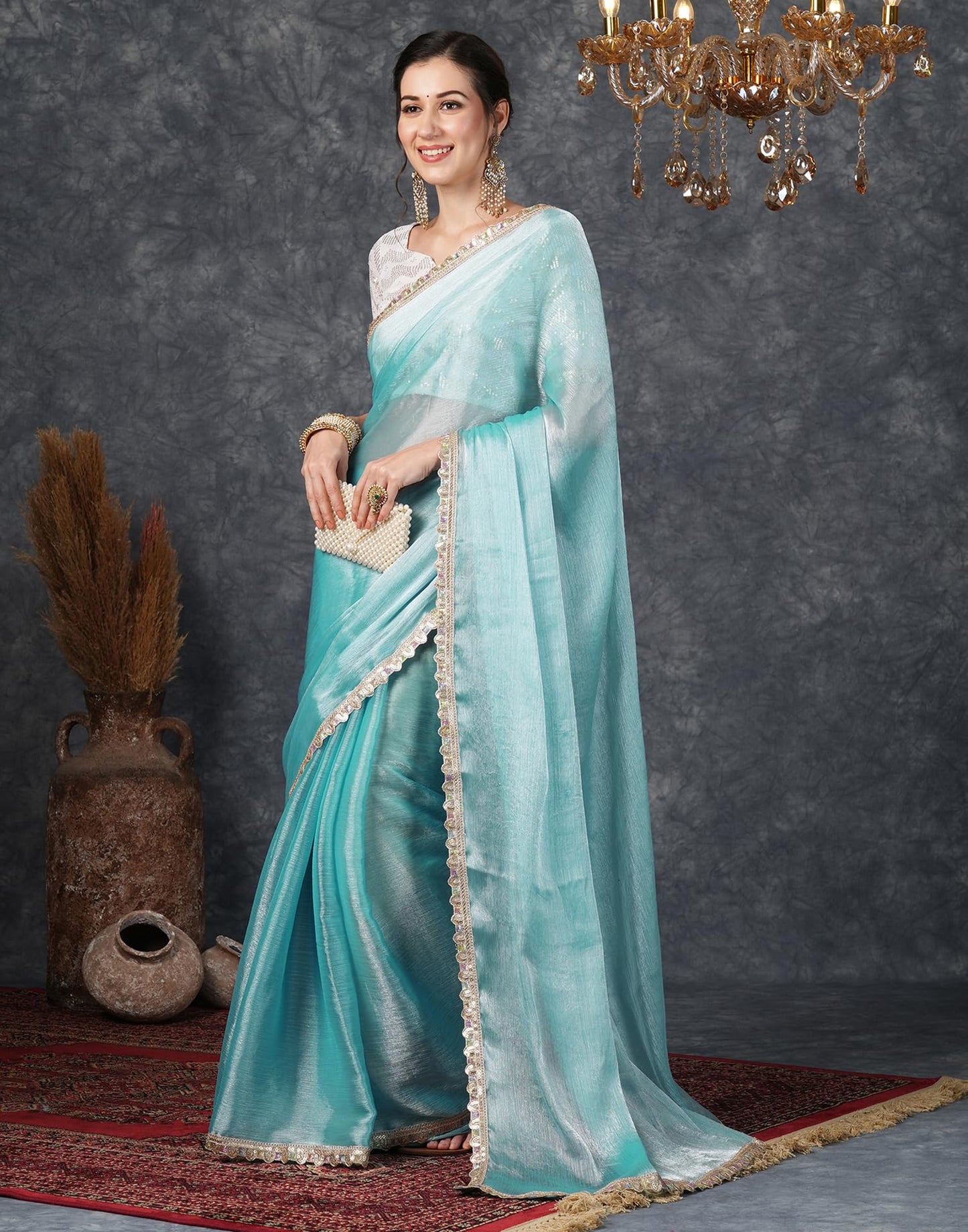 SIRIL Women's Chiffon Temple Border Saree With Unstitched Blouse (3799S281_Blue)
