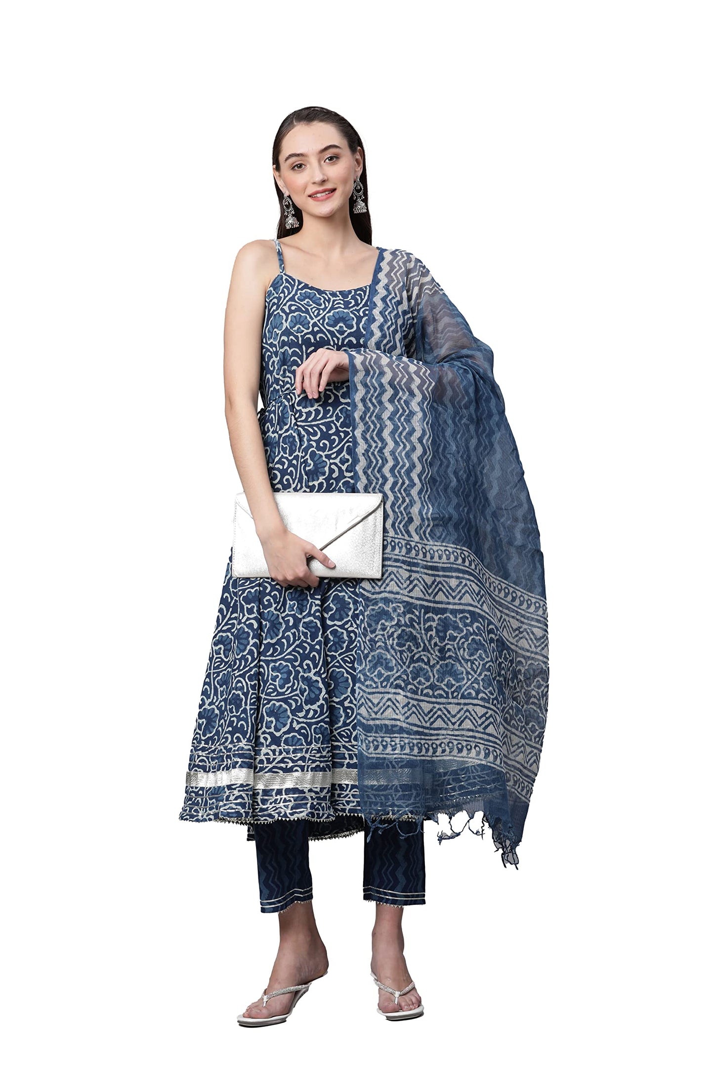 Divena Indigo Hand Block Printed Anarkali Kurta Pant Set with Dupatta-DK0747-3XL