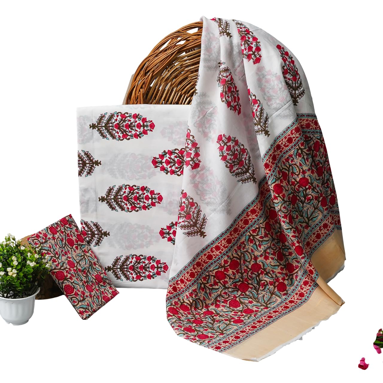 Kwatchi Kwathi Woman's & Girls White Red Floral Printed Unstitched Pure Cotton Suit & Dress Material