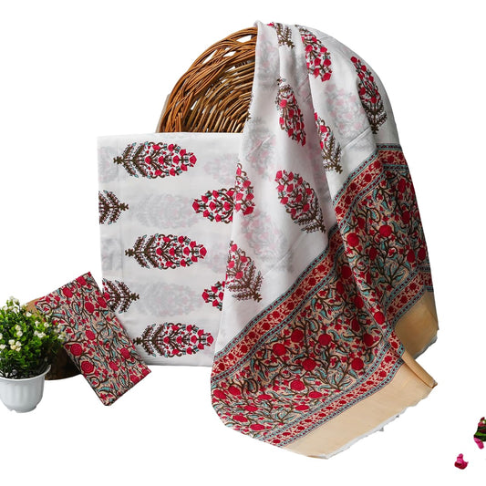 Kwatchi Kwathi Woman's & Girls White Red Floral Printed Unstitched Pure Cotton Suit & Dress Material