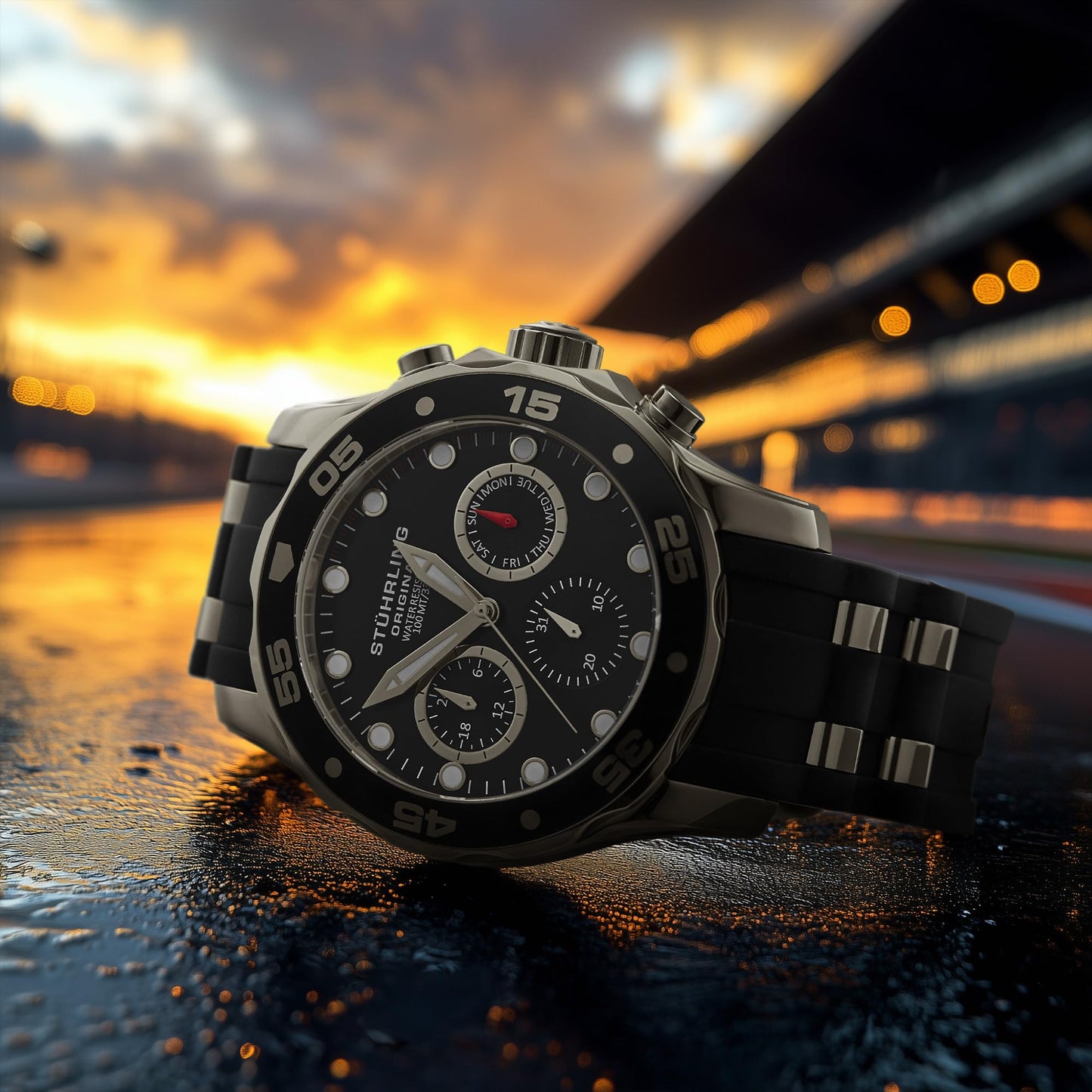 Stuhrling Men's Multi-Function Watch, 44mm Black Dial, Silver Case, Black Silicone Band