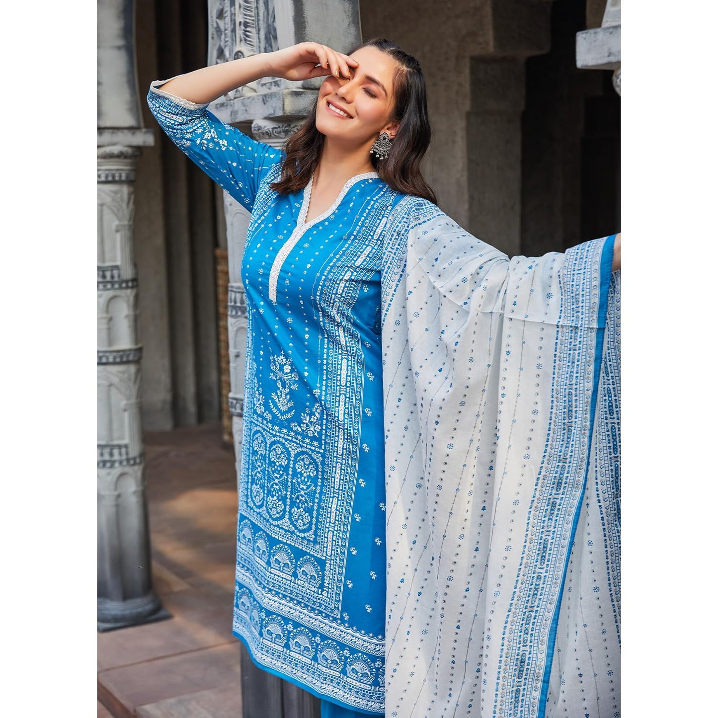 BIBA Women Cotton Straight Printed Suit Set (SKDSHWETSAGA9572SS24BLU_Blue