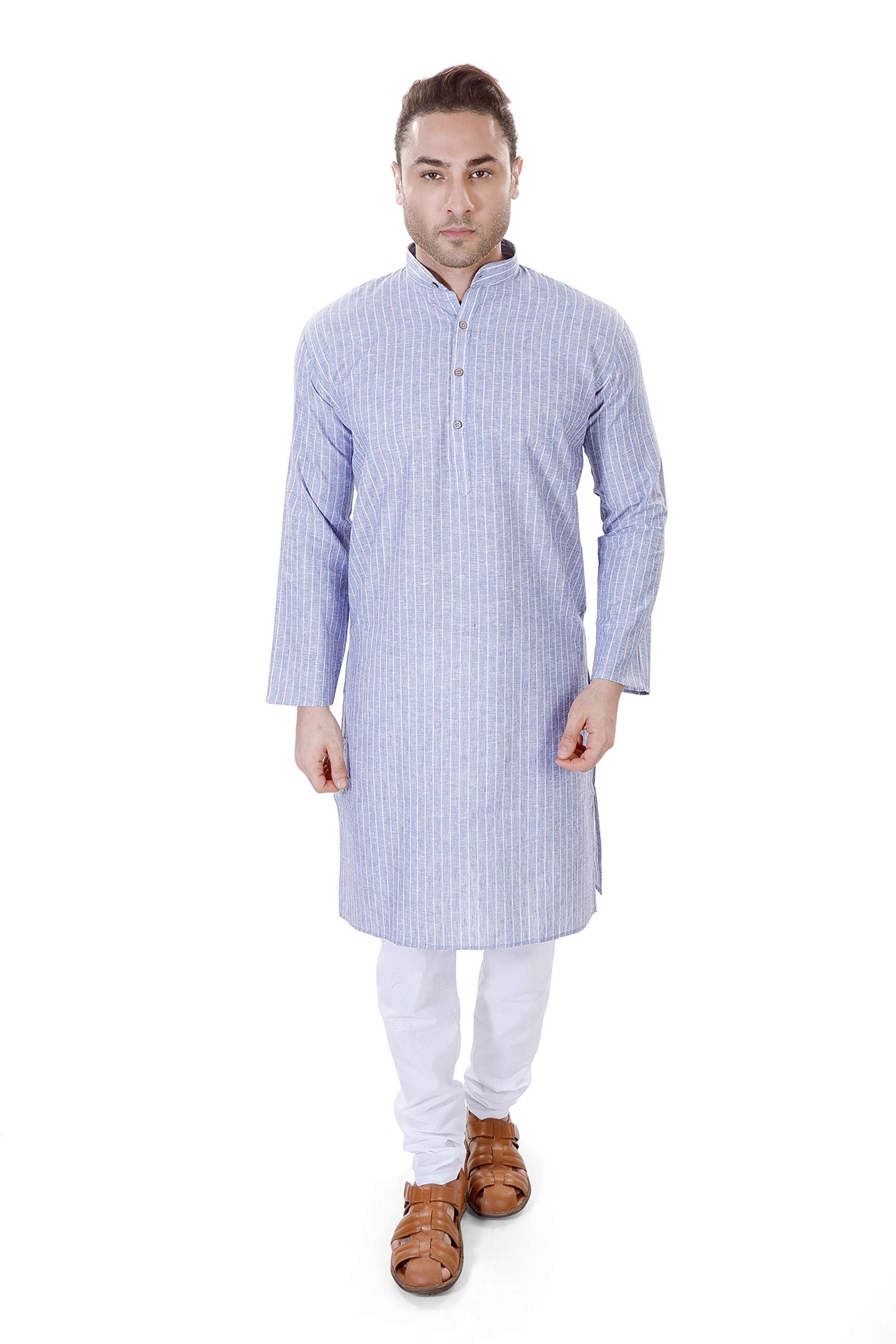 LUCKWIN Cotton Linen Regular Fit, Mandarin Collar, Vertical Stripes Kurta Pyjama Set in Blue for Men [LWKP069-36]