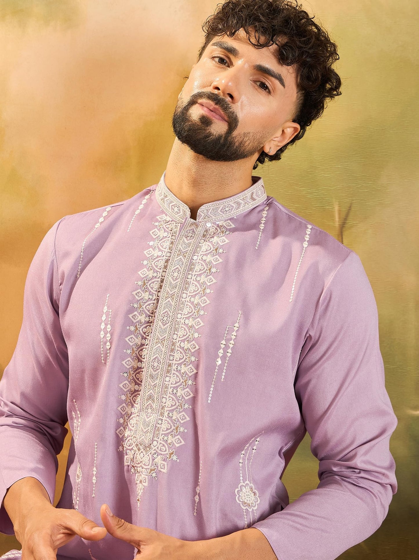 Ethnic Bay Men's Lavender Silk Blend Solid Embroidered Calf Length Kurta | Embroidered Kurta's for Men | Straight Fit Kurtas for Mens (MKU1489, XL)