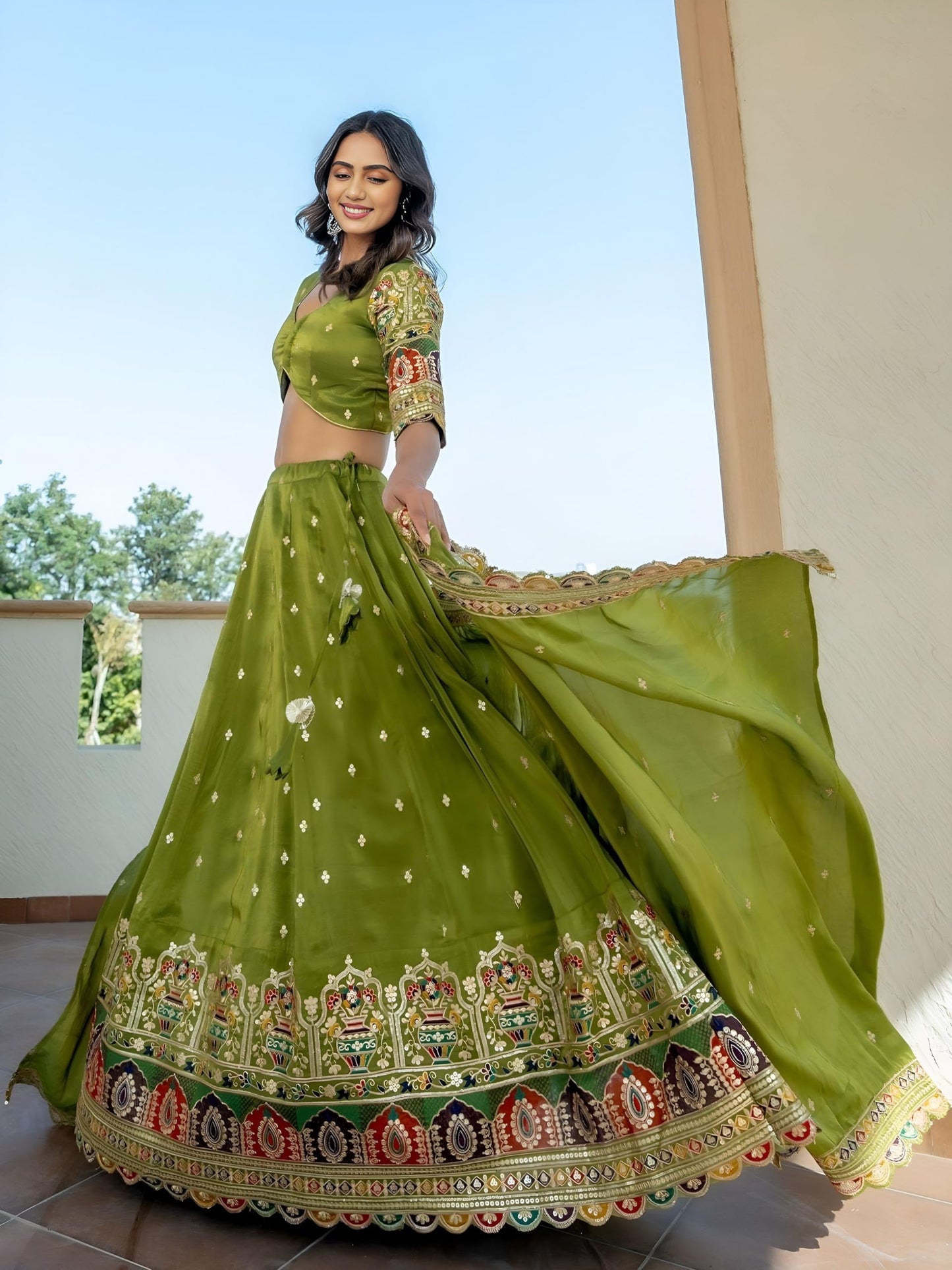 Zeel Clothing Women's Sequins Thread Embroidered Cosmos Silk Lehenga Choli With Dupatta (5128-Women-Lehenga-Choli-Latest; Free size) (Green)