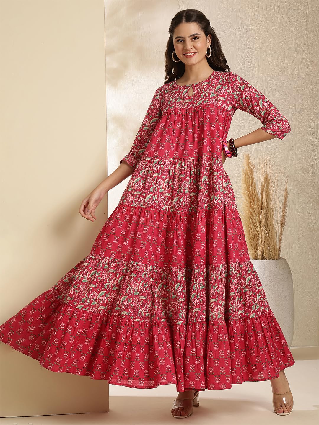 Gulmohar Jaipur Women's Cotton Ankle Length Printed Key Hole Neck Anarkali Gown (GUL485KRTPINK_3XL, 3XL, Pink)