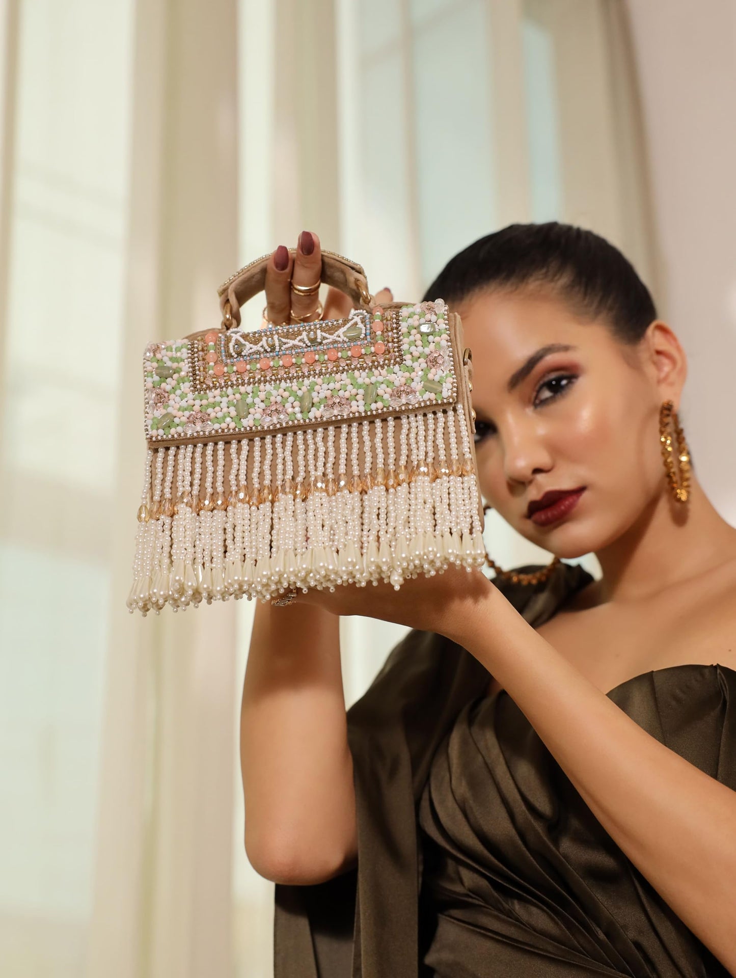 THE TAN CLAN Kiara Beige Flap Over Bag Clutches for women Purses Luxury Evening Handbags for ladies with Handle