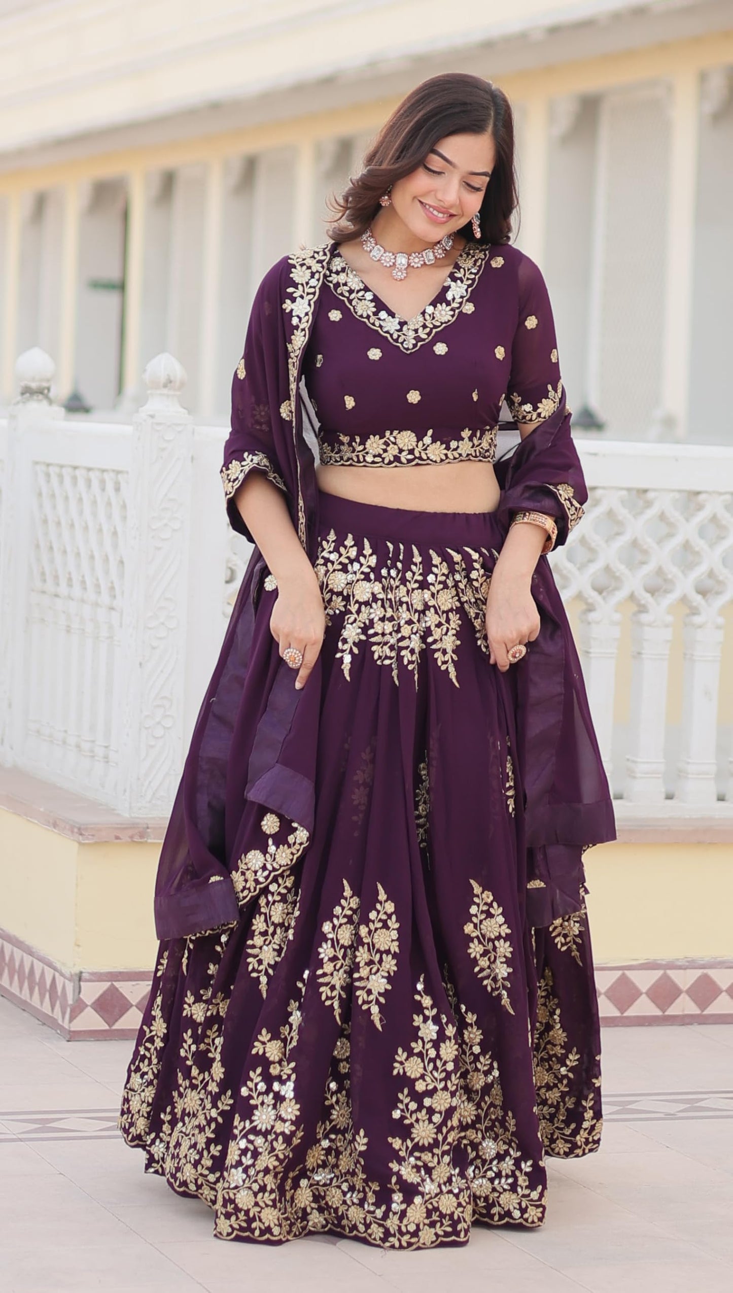 Fashion Basket Georgette Embroidery Stiched Lehenga Choli Duptta Set for Women (Wine, Free)