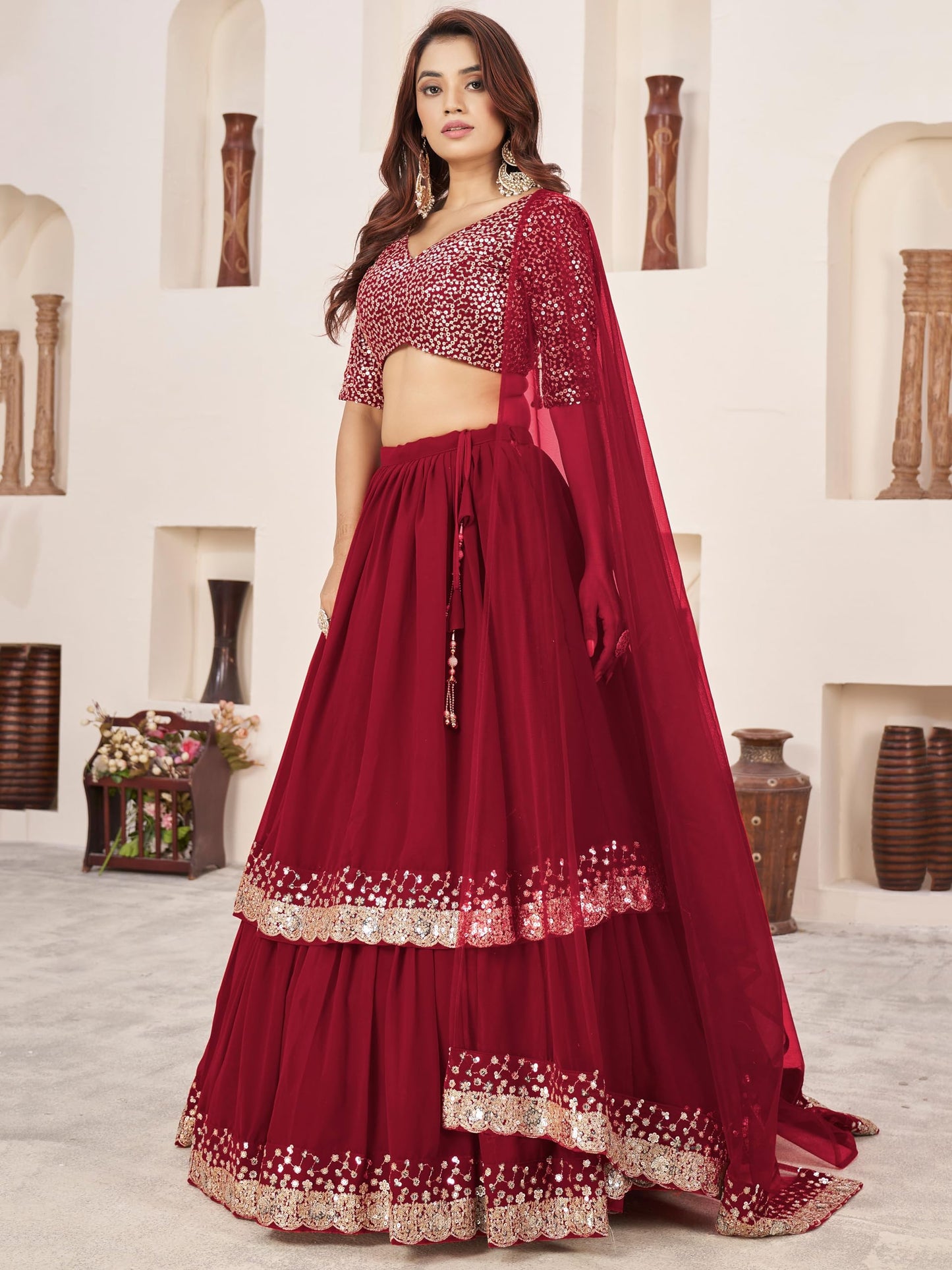 Zeel Clothing Women's Sequins Embroidered Georgette New Semi-stitched Lehenga Choli With Dupatta (5066-Maroon-Womens-Lehenga-Choli-Latest; Free Size)