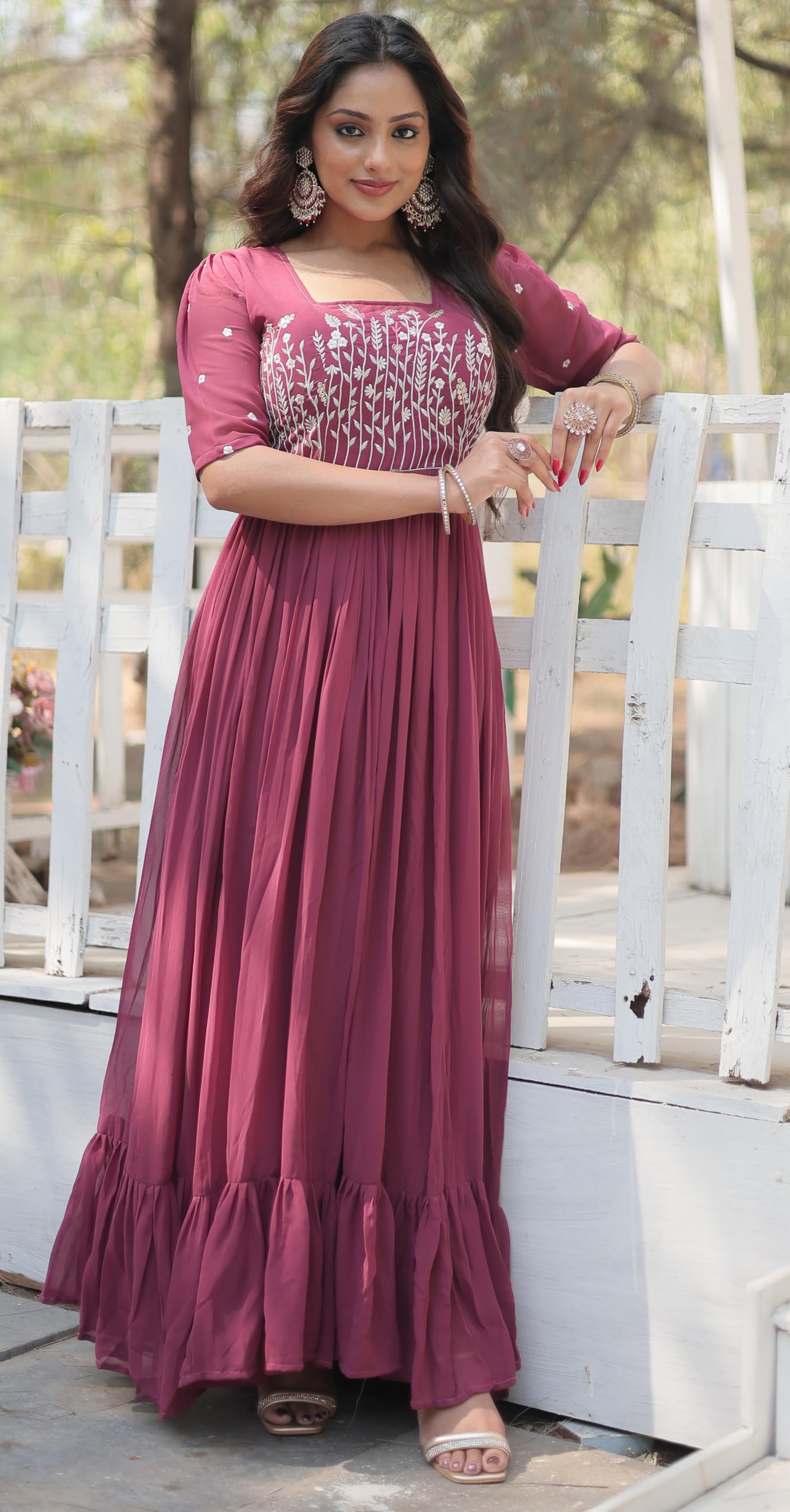 Fashion Basket Georgette Anarkali Gown with Sequins and Embroidery for Women with Long Sleeves (Medium, Magenta)