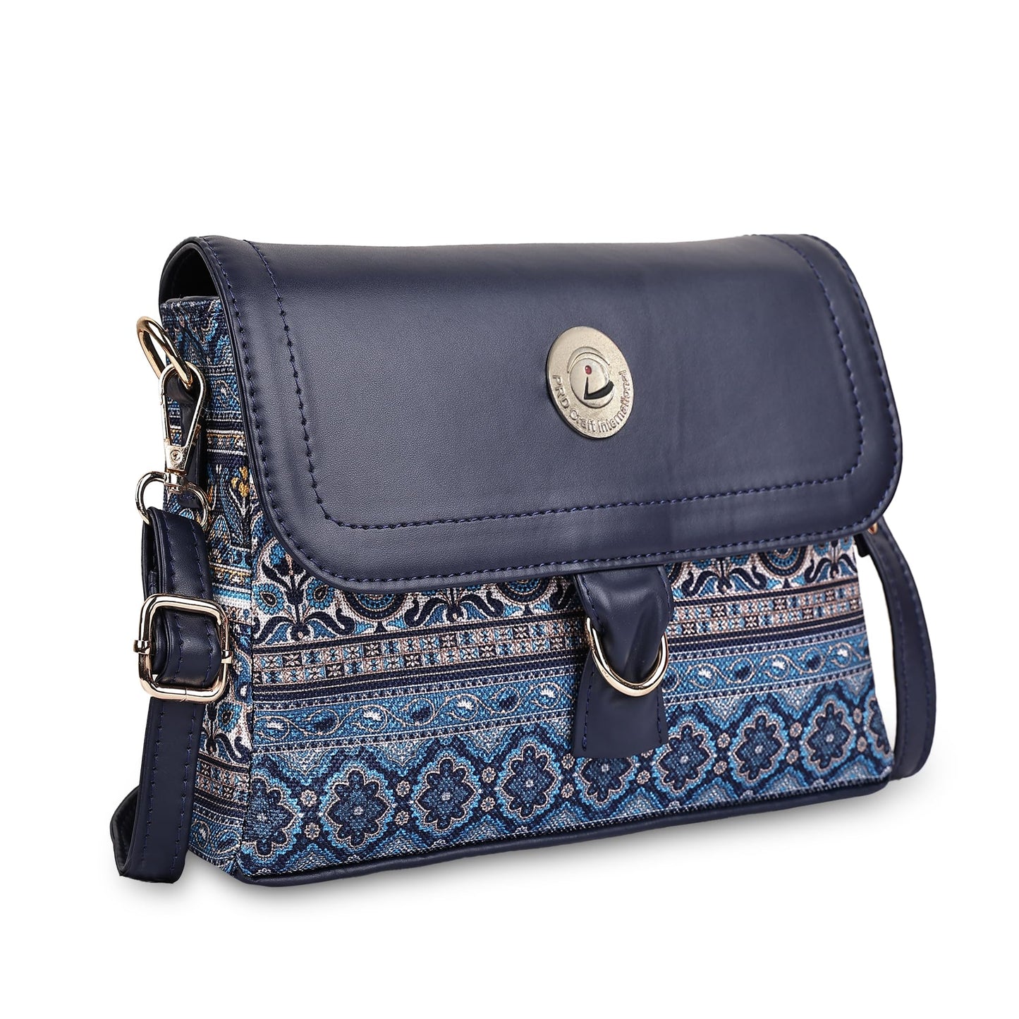 PRD Craft Boho Printed Sling Bag for Women | Jute Crossbody Shoulder Purse with Flap Lock, Zip Closure & Adjustable Strap (Blue, Small)