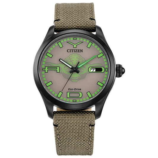 Citizen Mens Nylon Eco-Drive Star Wars Yoda "Judge Me By My Size, Do You?" Black Ip Analog Watch, Cordura Strap, Luminous, 42Mm (Model: Bm6839-06W), Dial-Color:Brown, Band Color:Beige