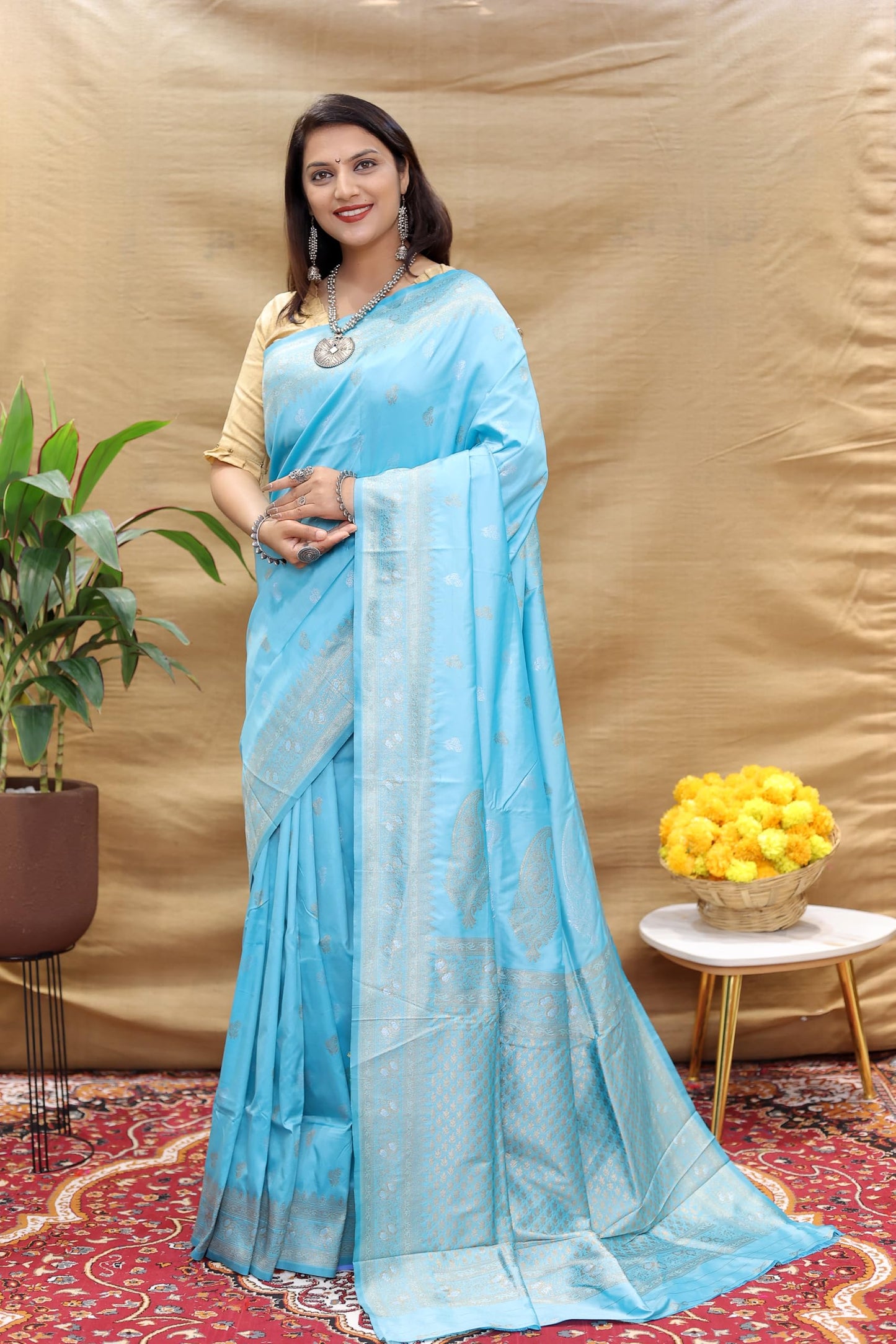 AMIRAT Women's Pure Kanjivaram Soft Silk Saree Banarasi Type With Blouse Piece (Sky Blue)