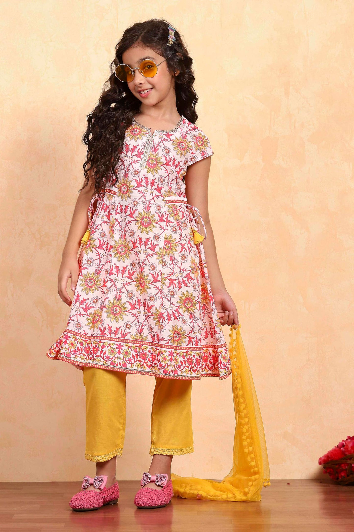 Biba Girl's White Cotton Flared Printed Suit Set