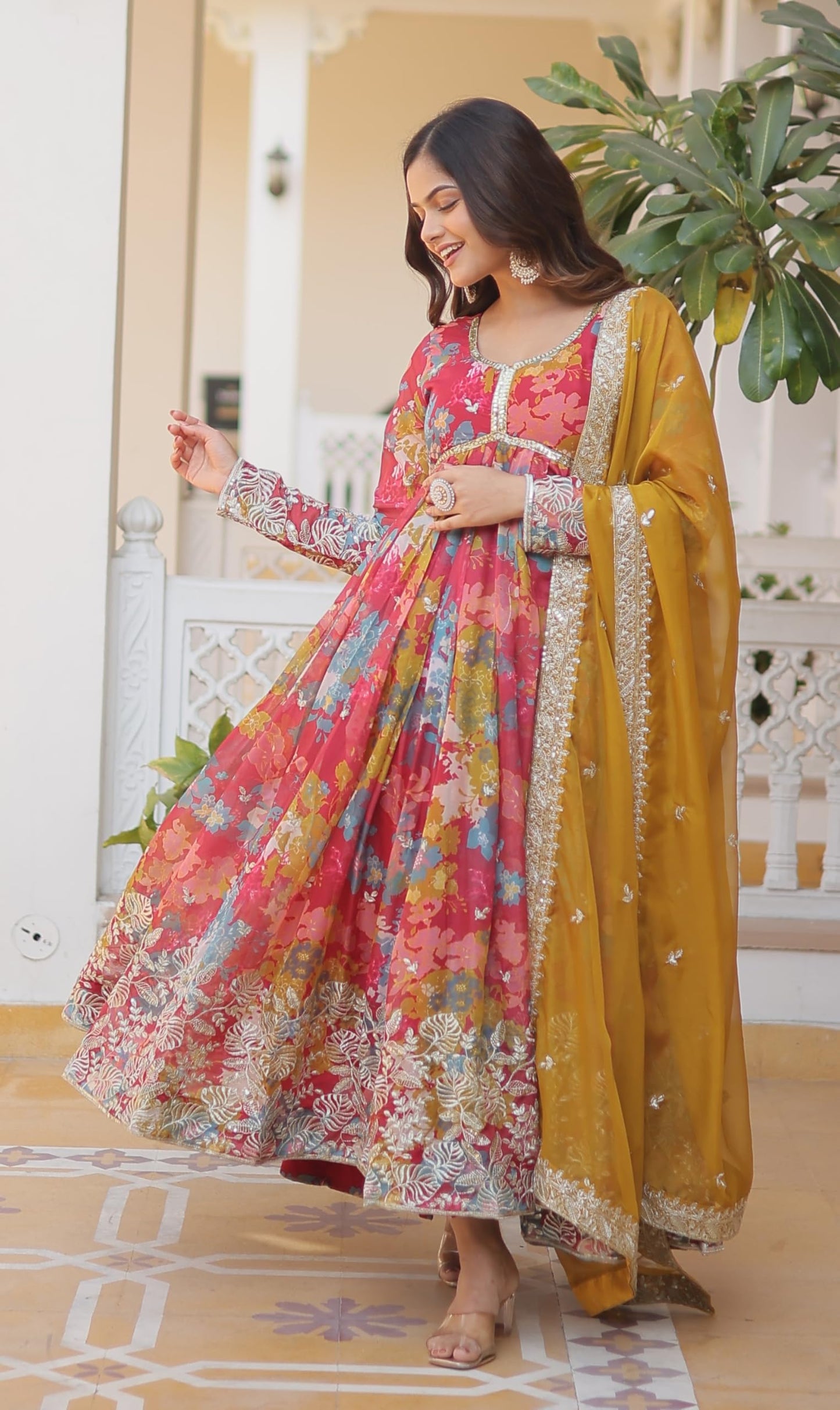Fashion Basket Women's Pink Georgette Anarkali Kurta Set (Medium, Pink)