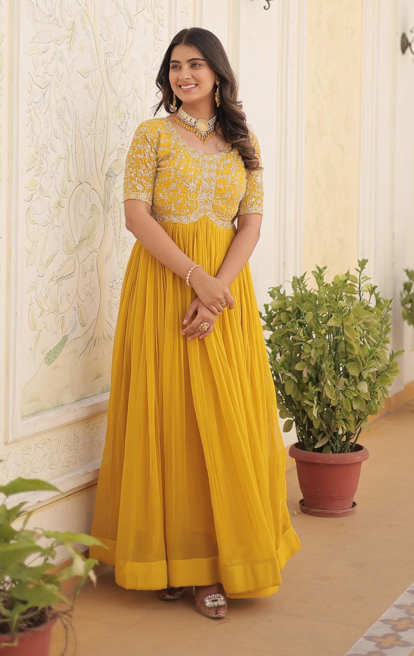 Fashion Basket Red Georgette Embroidered Anarkali Kurta Set for Women (in, Alpha, XL, Regular, Yellow)