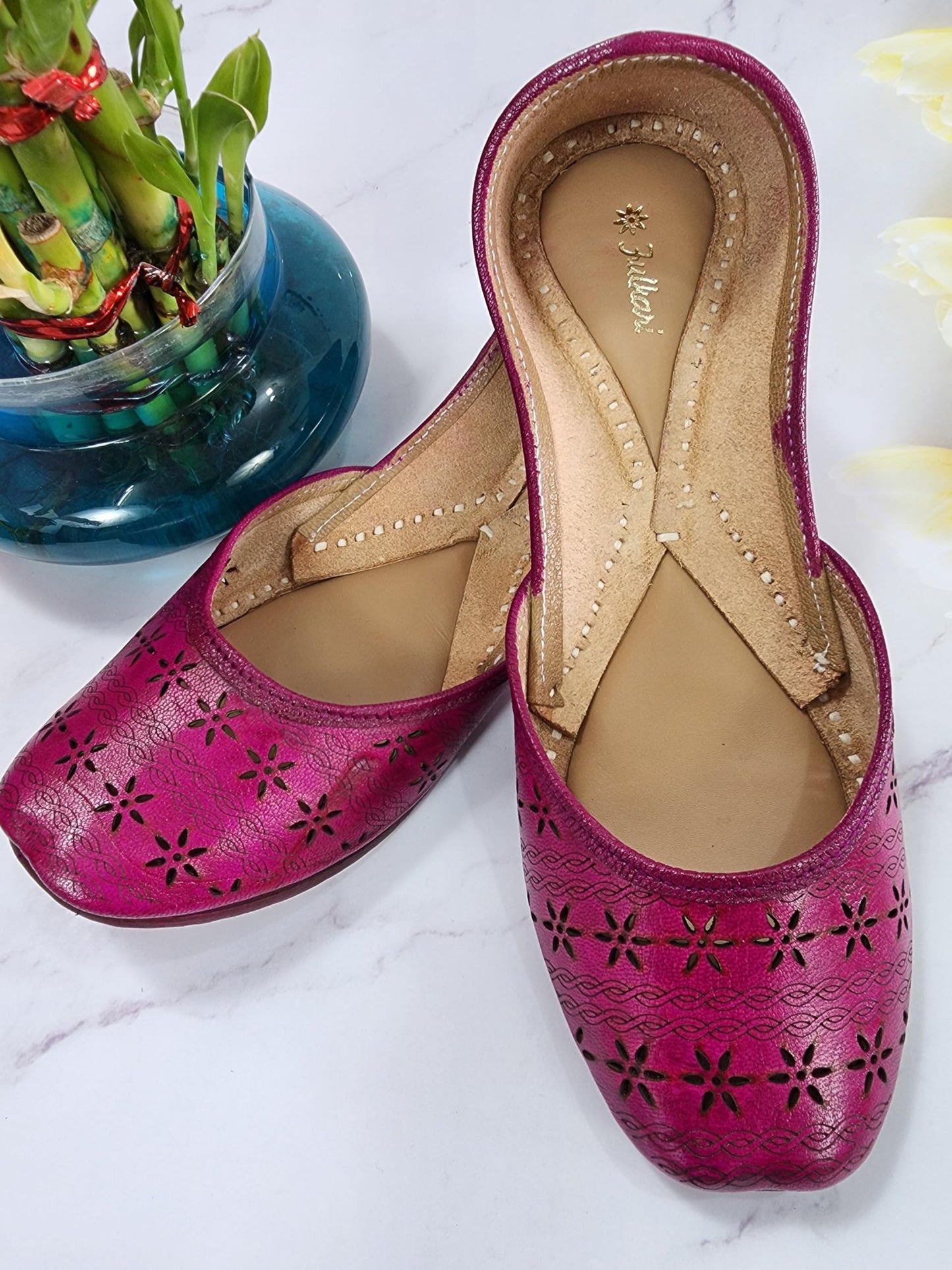 Fulkari Women Magenta Dark Cutwork Casual Genuine Soft Leather Jutis | Bite and Pinch Free Juttis | Punjabi Jutti | Girl's Office Flat Ladies Mojari | dailywear Ethnic Juti | 36