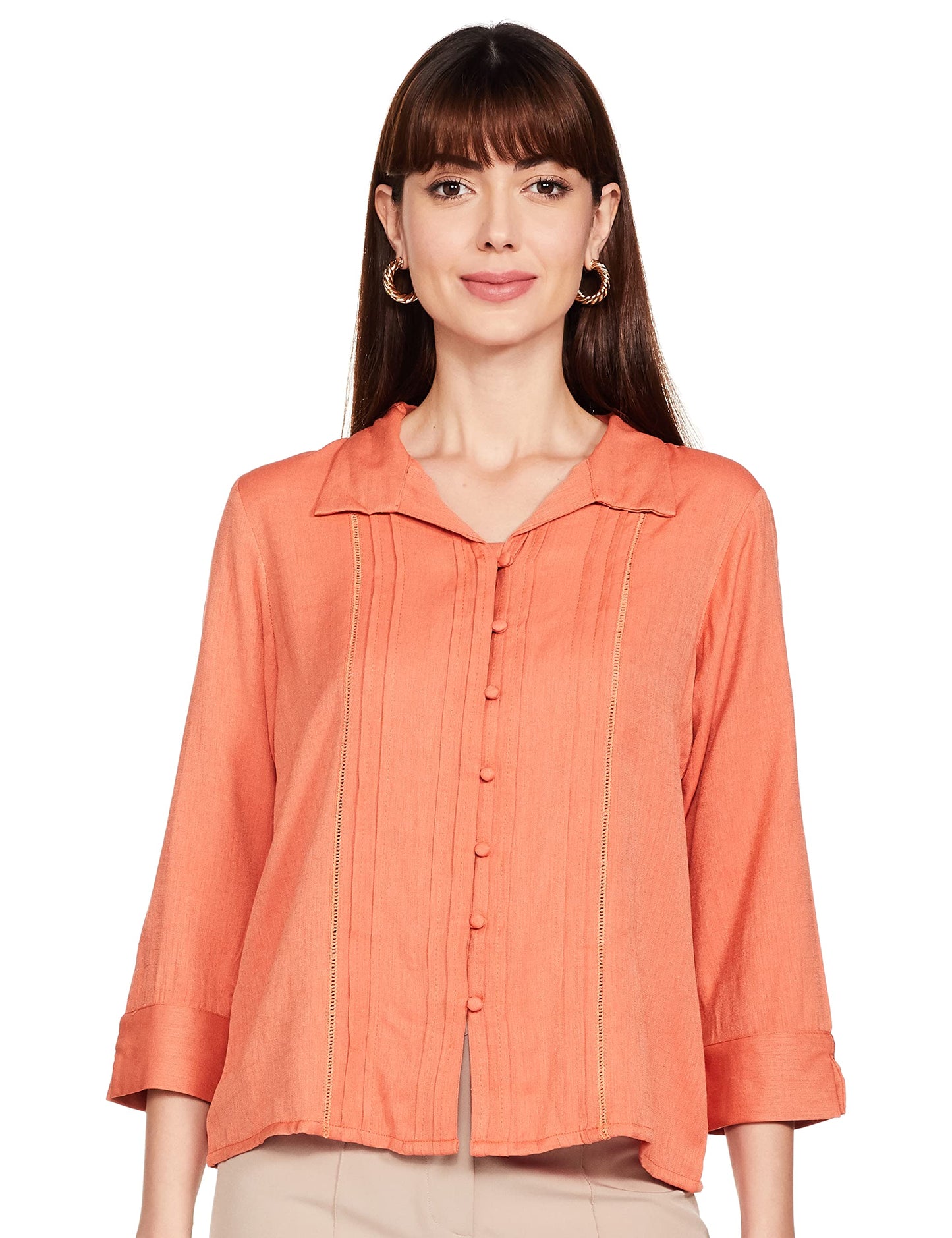 AND Women's Solid Regular Fit Shirt (EE22AB017TTR_Orange S)