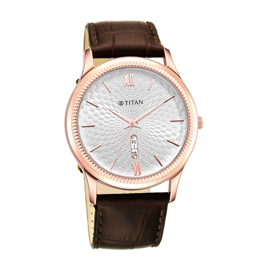 Titan Quartz Analog With Day & Date White Dial Brown Leather Strap Watch for Men - NT1824WL02