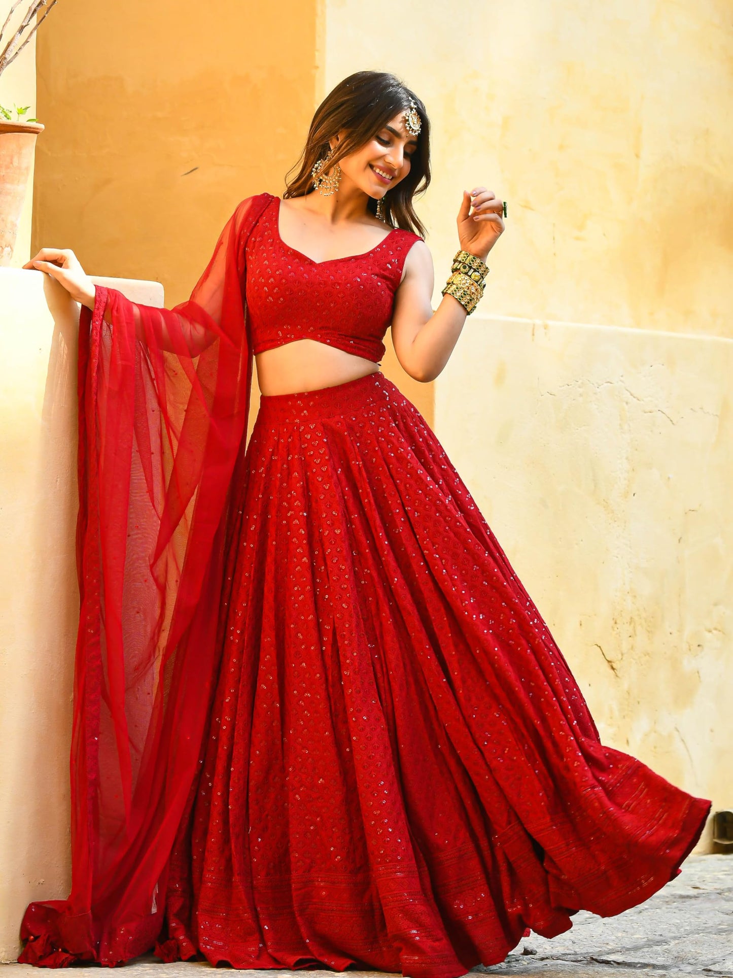 Zeel Clothing Women's Georgette Semi-Stitched Lehenga Choli Red Wedding Bridal Free Size