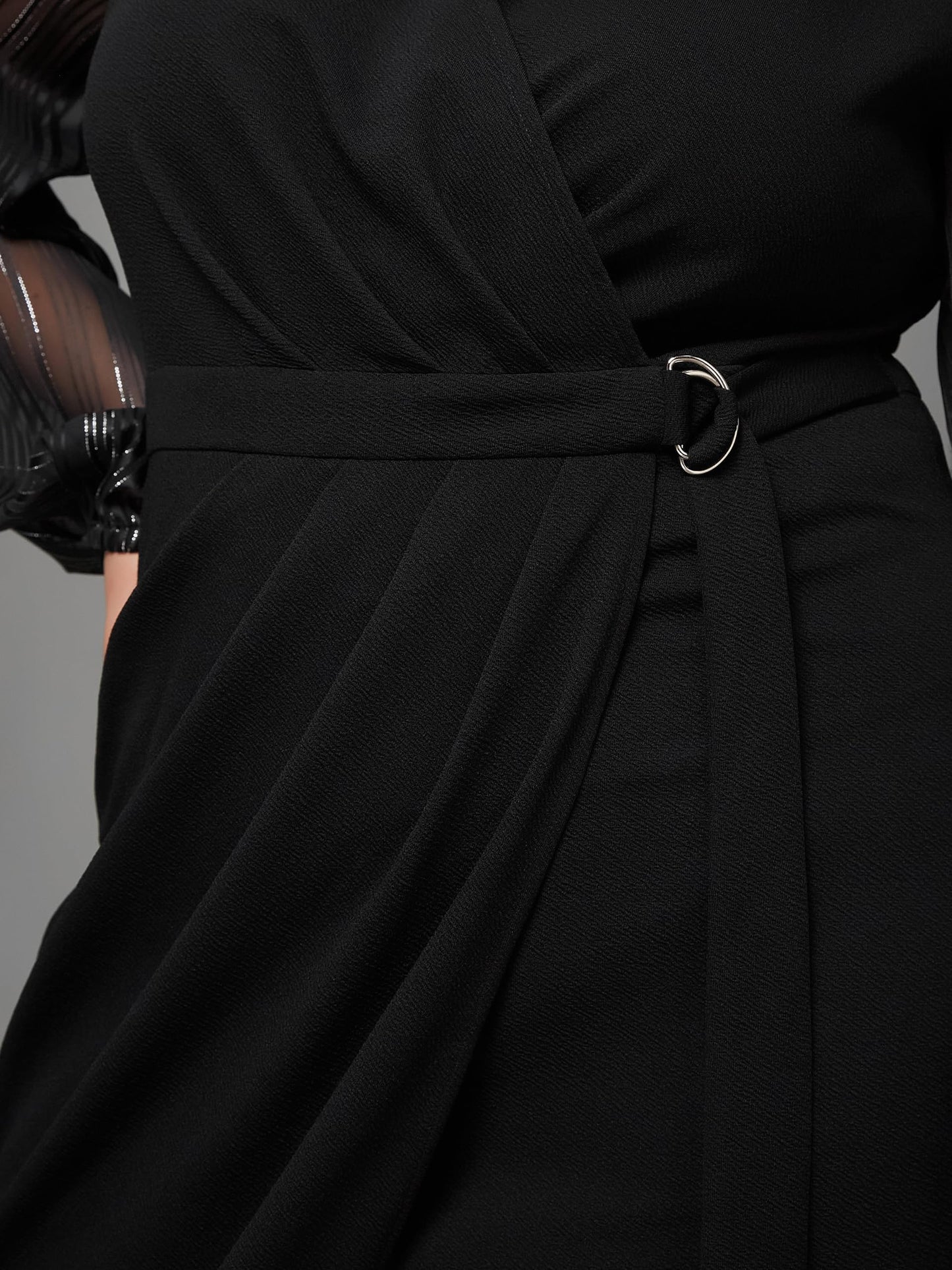 Miss Chase A+ Women's V Neck Bishop Sleeves Front Pocketed Polyester Wrap Knee-Length Dress (APSS23D16-41-62-09, Black, 4XL)