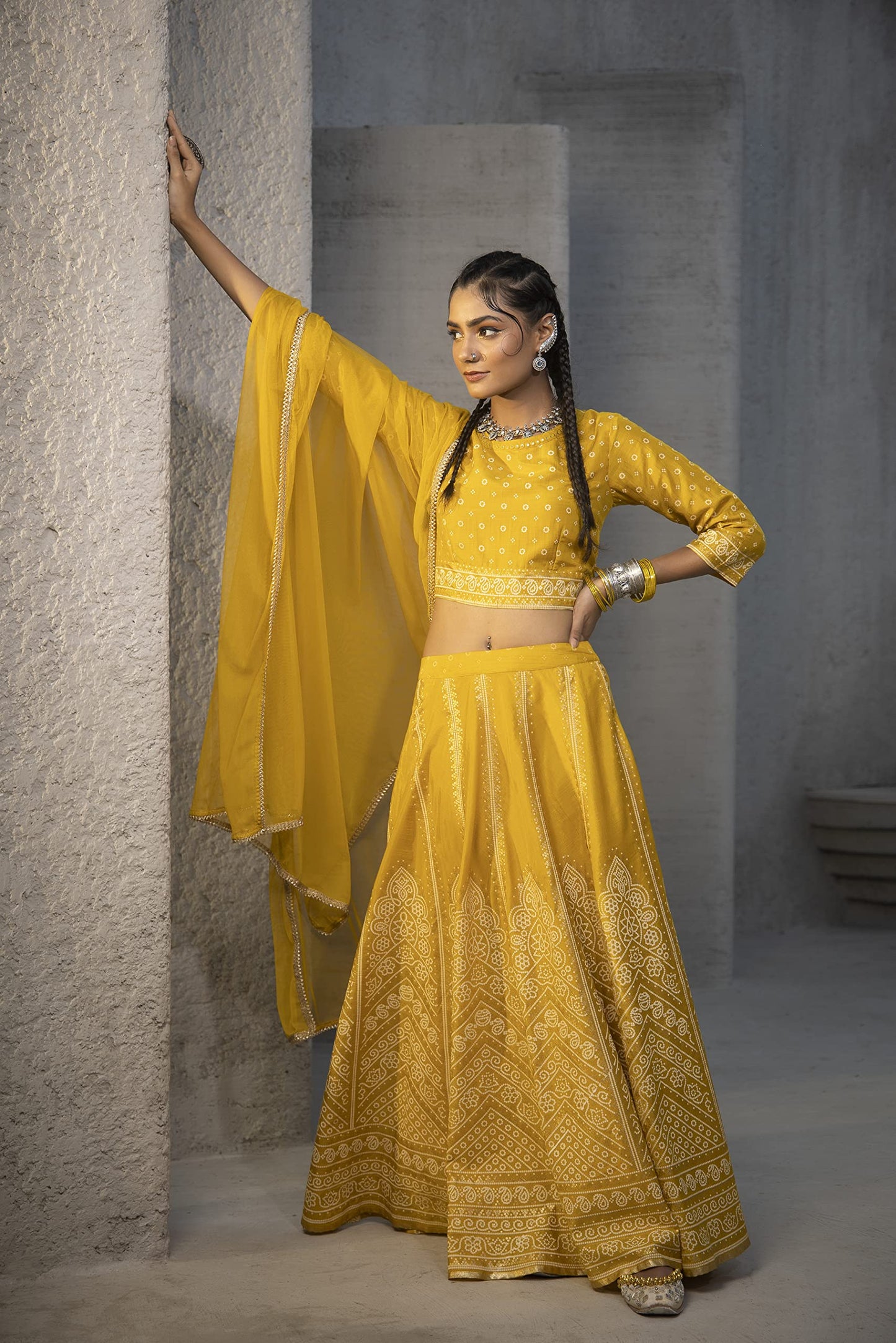 Juniper Women's Mustard Santoon Slub Festive Printed Crop Lehenga Choli Dupatta Set-XXL