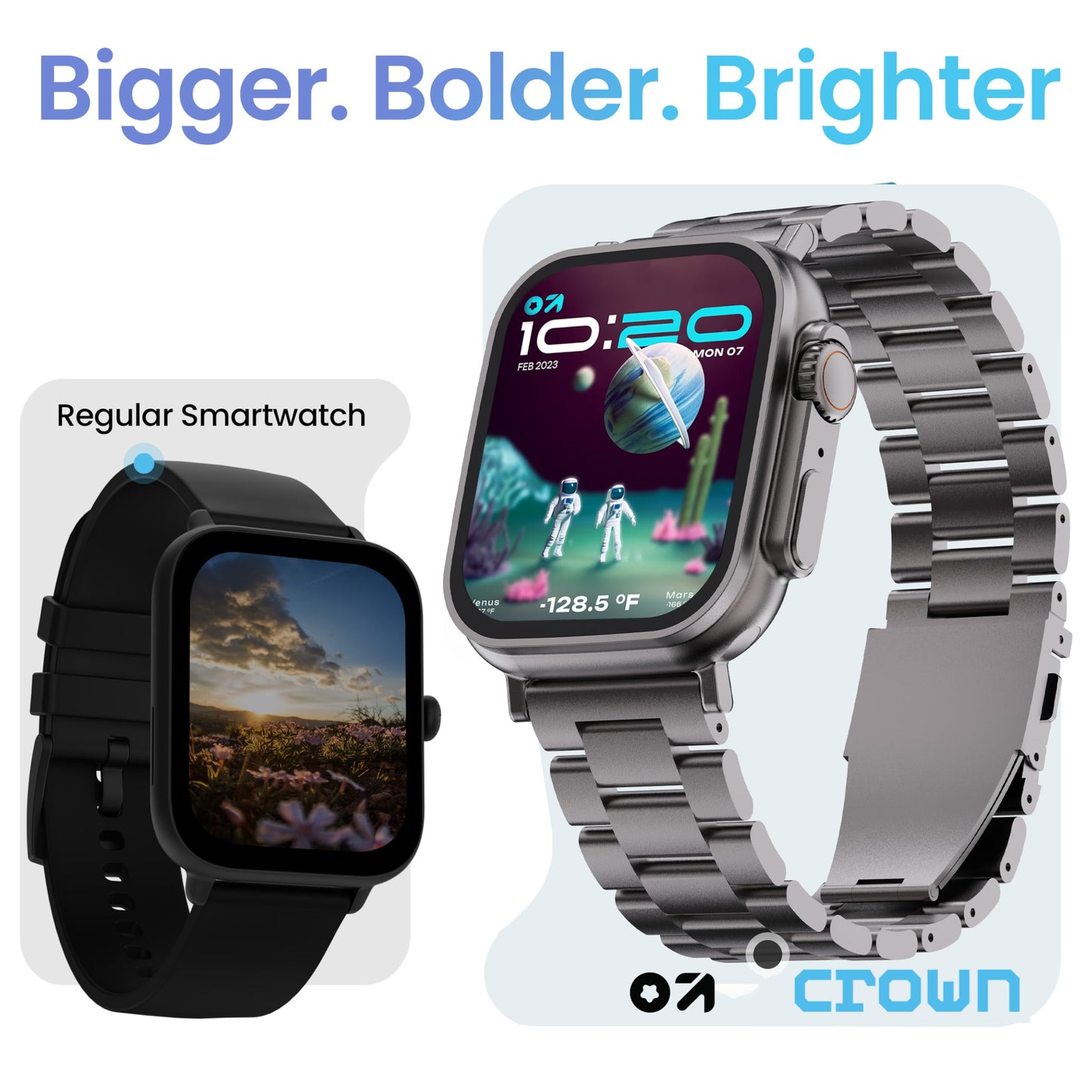 GOBOULT Newly Launched Crown Smart Watch 1.95'' Screen, BT Calling, Working Crown, Zinc Alloy Frame, 900 Nits Brightness, AI Voice Assistant, SpO2 Monitoring, 120+ Sports Mode (Chrome)