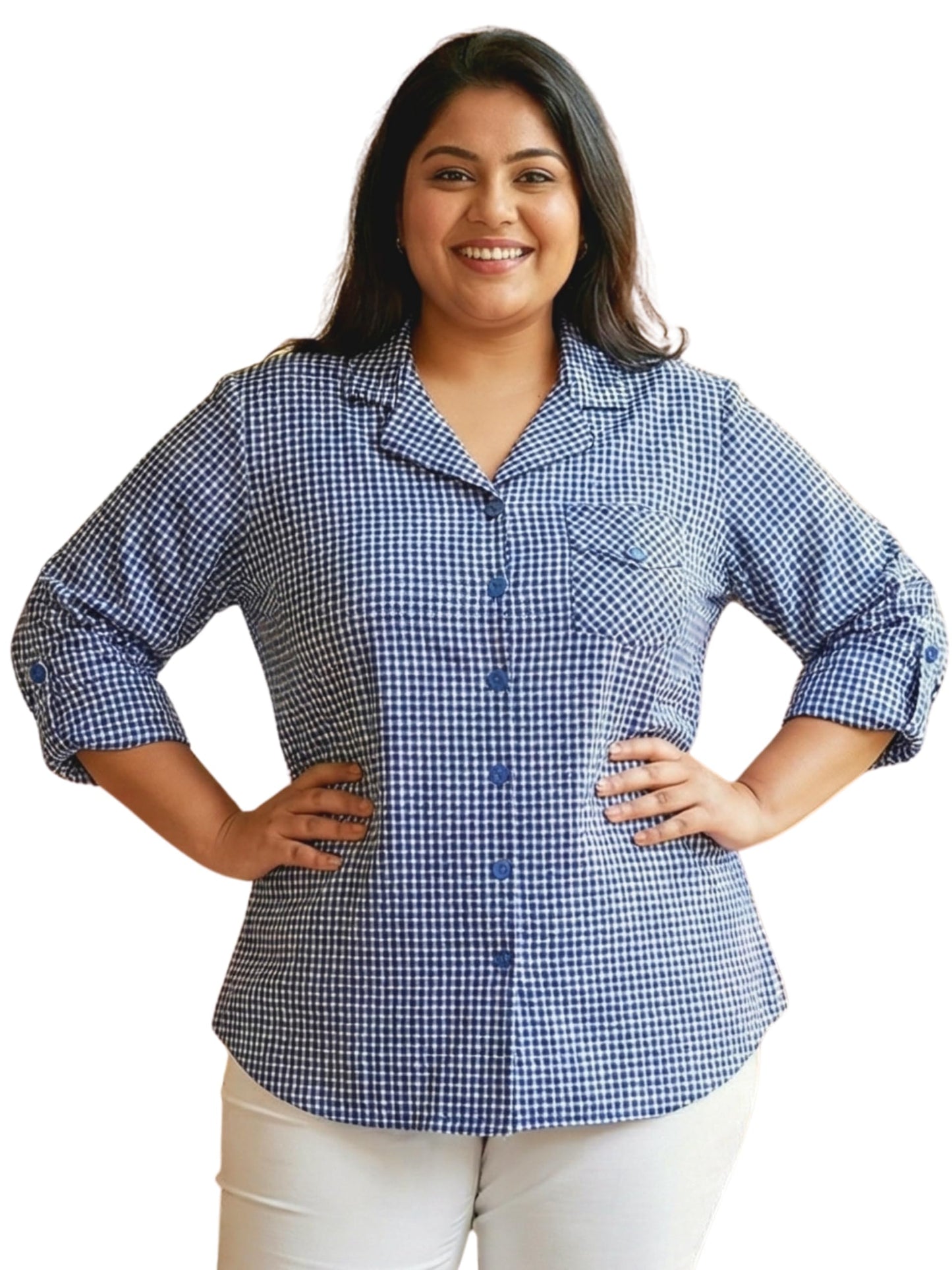 Indietoga Women Plus Size Checks Woven Cotton Wool Blend Winter Wear Shirt (P10001664_Blue Checks_2XL)